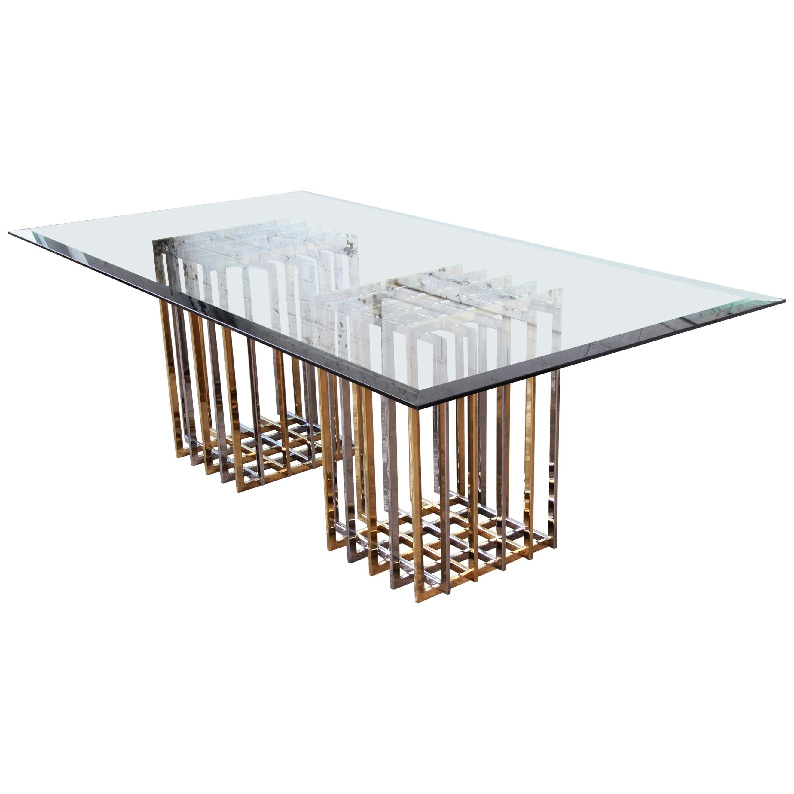 Pierre Cardin Hollywood Regency Dining Table in Brass, Nickel, and Glass, 1970s