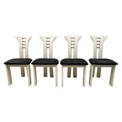 Pierre Cardin Ivory Lacquered Chairs with Wooden Details and Black Leather, 1979