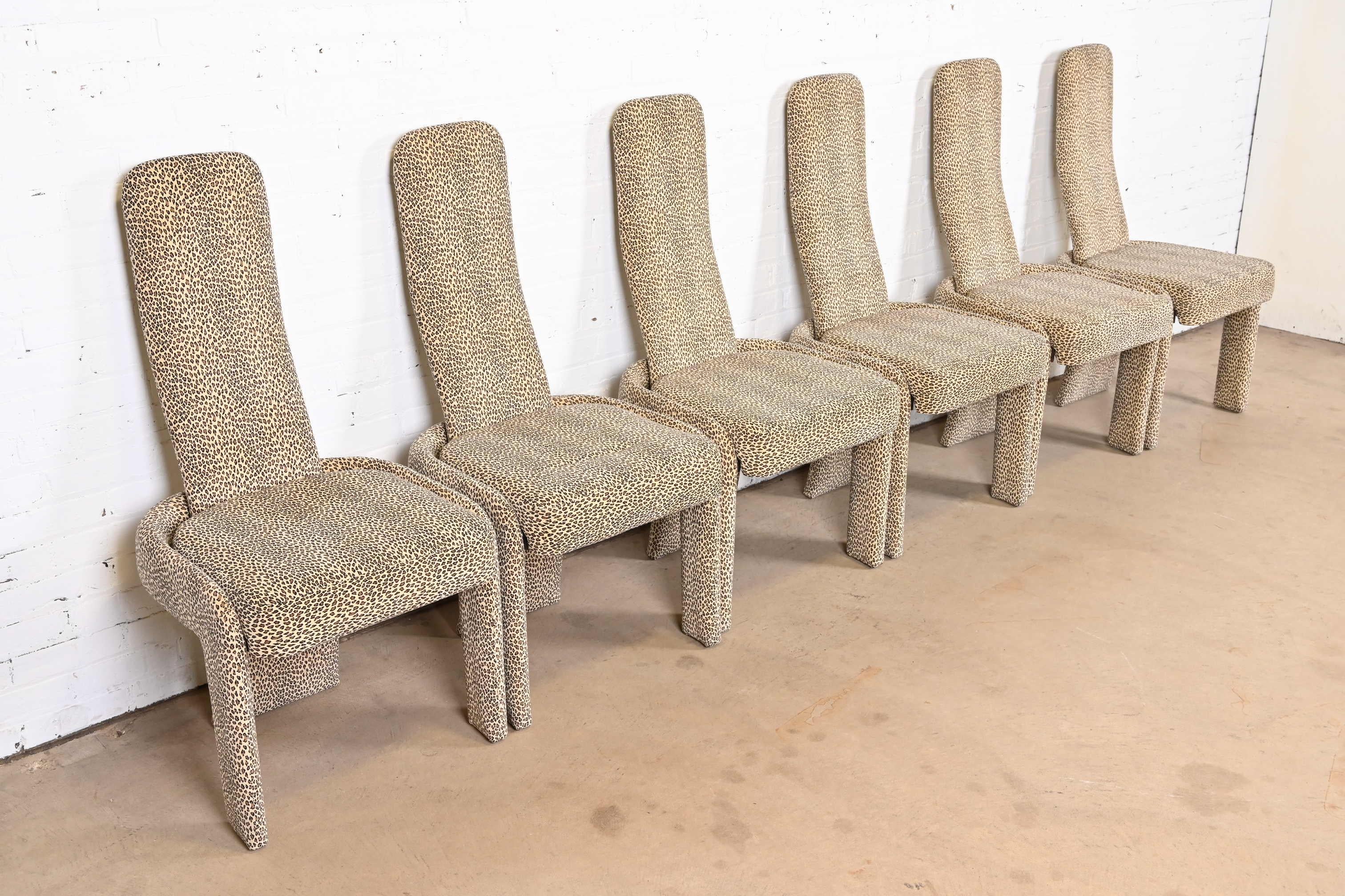 Mid-Century Modern Pierre Cardin Leopard Print Upholstered High Back Dining Chairs, Set of Six For Sale