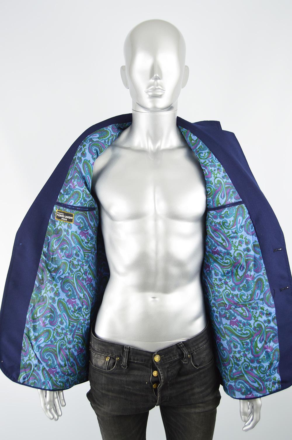 Pierre Cardin Men's 1970s Blue Paisley Lined Vintage Blazer Jacket For Sale 1