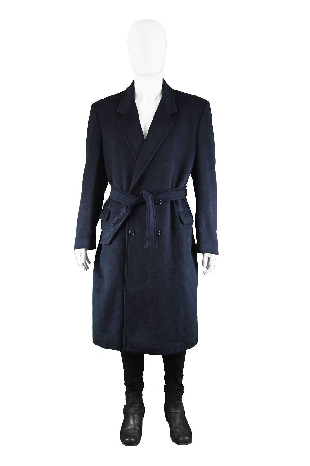 Pierre Cardin Mens Navy Blue Cashmere & Wool Belted Vintage Overcoat, 1980s

Estimated Size: Men's Large to XL. Please check measurements.
Chest - 46” / 117cm (allow roughly 2-4