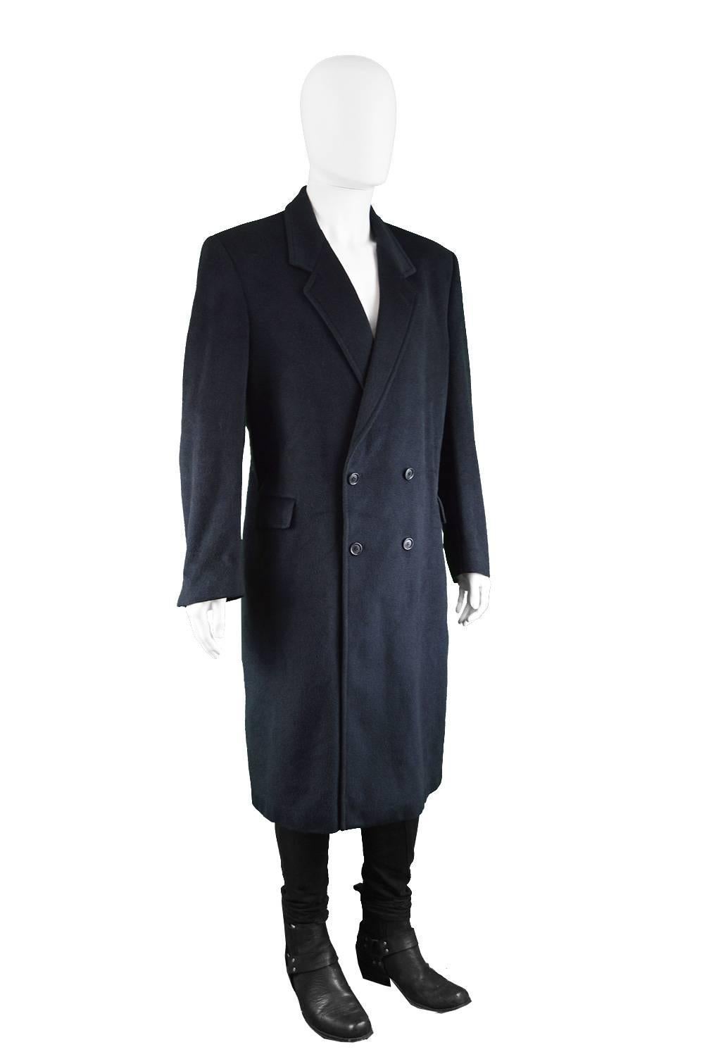 Black Pierre Cardin Men's Navy Blue Cashmere and Wool Belted Vintage Overcoat, 1980s