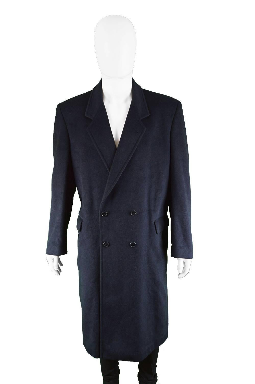 Pierre Cardin Men's Navy Blue Cashmere and Wool Belted Vintage Overcoat, 1980s In Excellent Condition In Doncaster, South Yorkshire