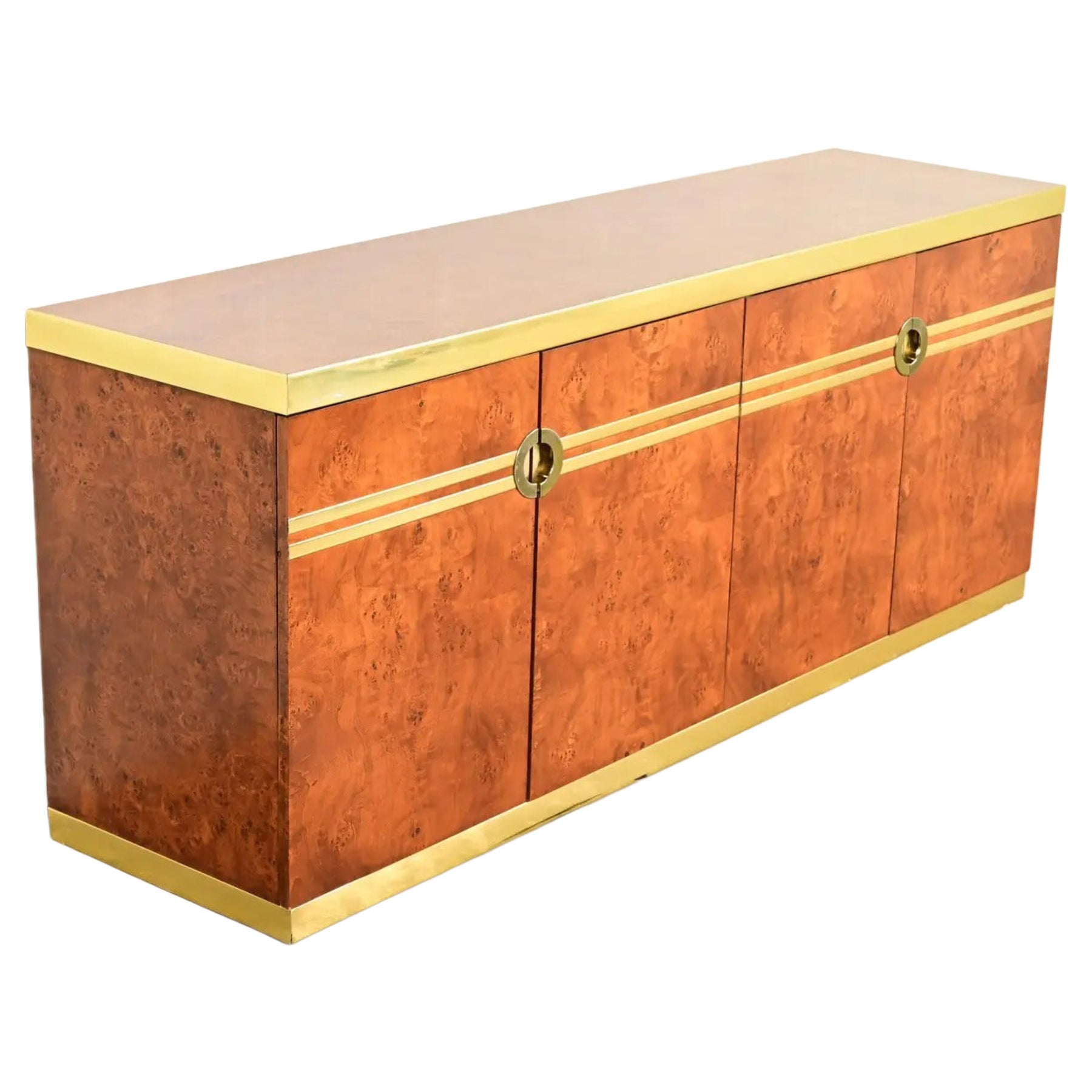 Pierre Cardin Mid-Century Modern Burl Wood and Brass Sideboard Credenza, 1970s