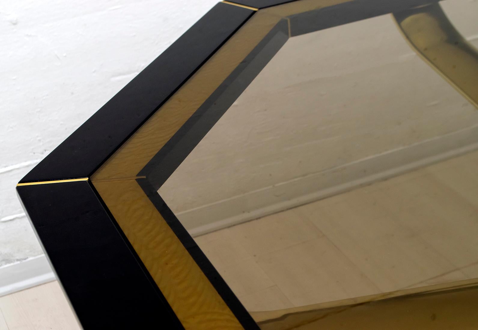 Late 20th Century Pierre Cardin Octagonal Dining Table Black Lacquer with Brass Inserts and Base For Sale