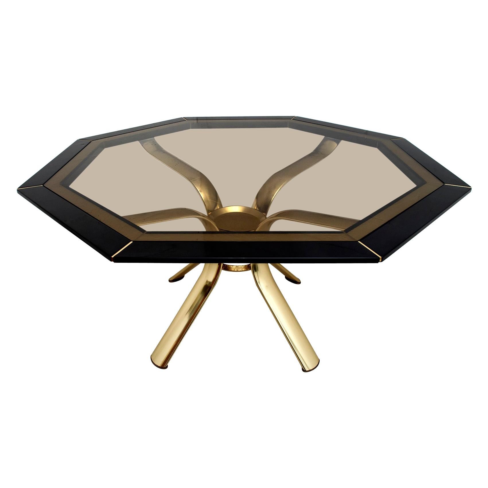 Pierre Cardin Octagonal Dining Table Black Lacquer with Brass Inserts and Base