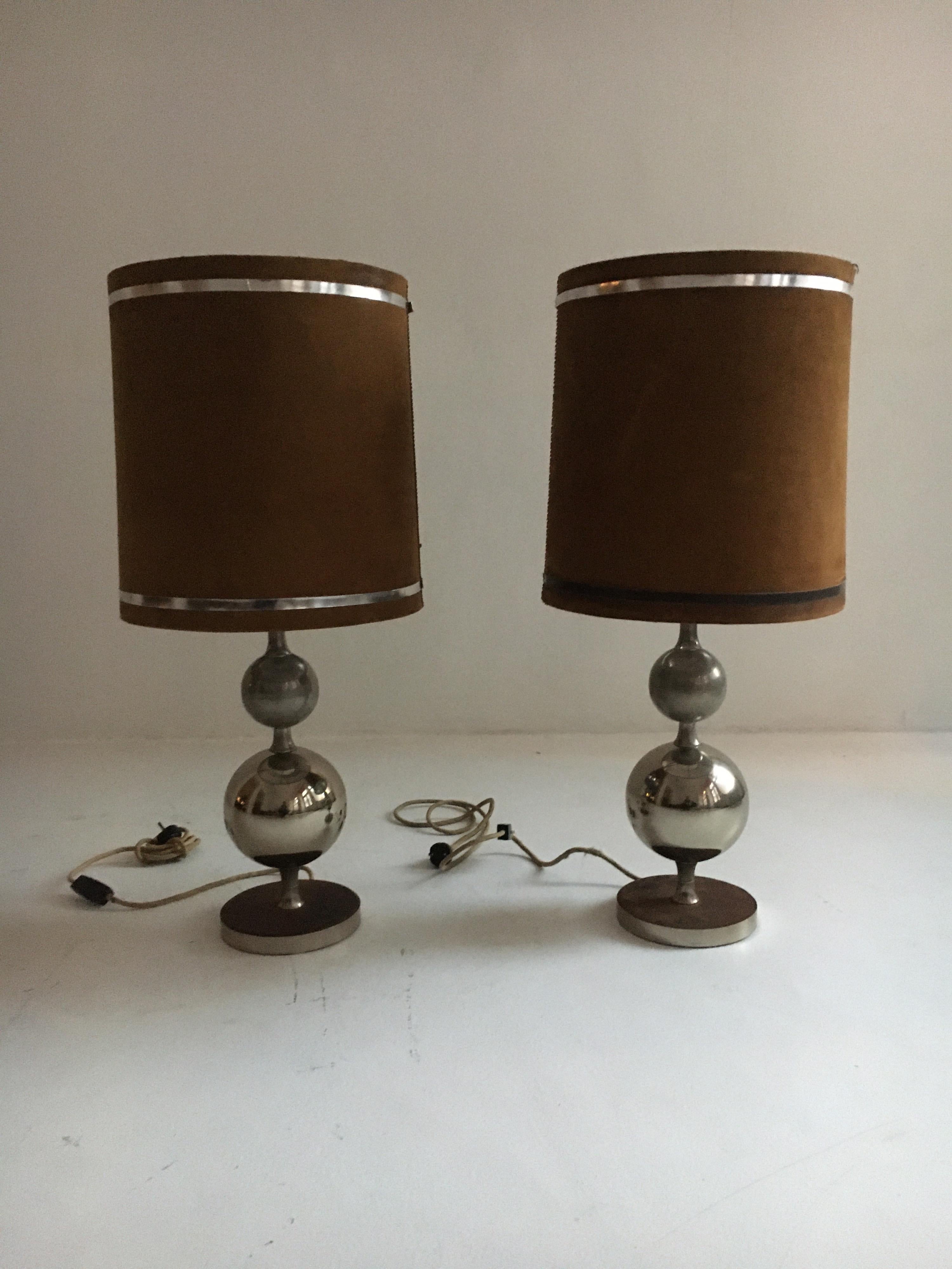 Pierre Cardin oversized chrome and suede table lamps, France, 1970s.
