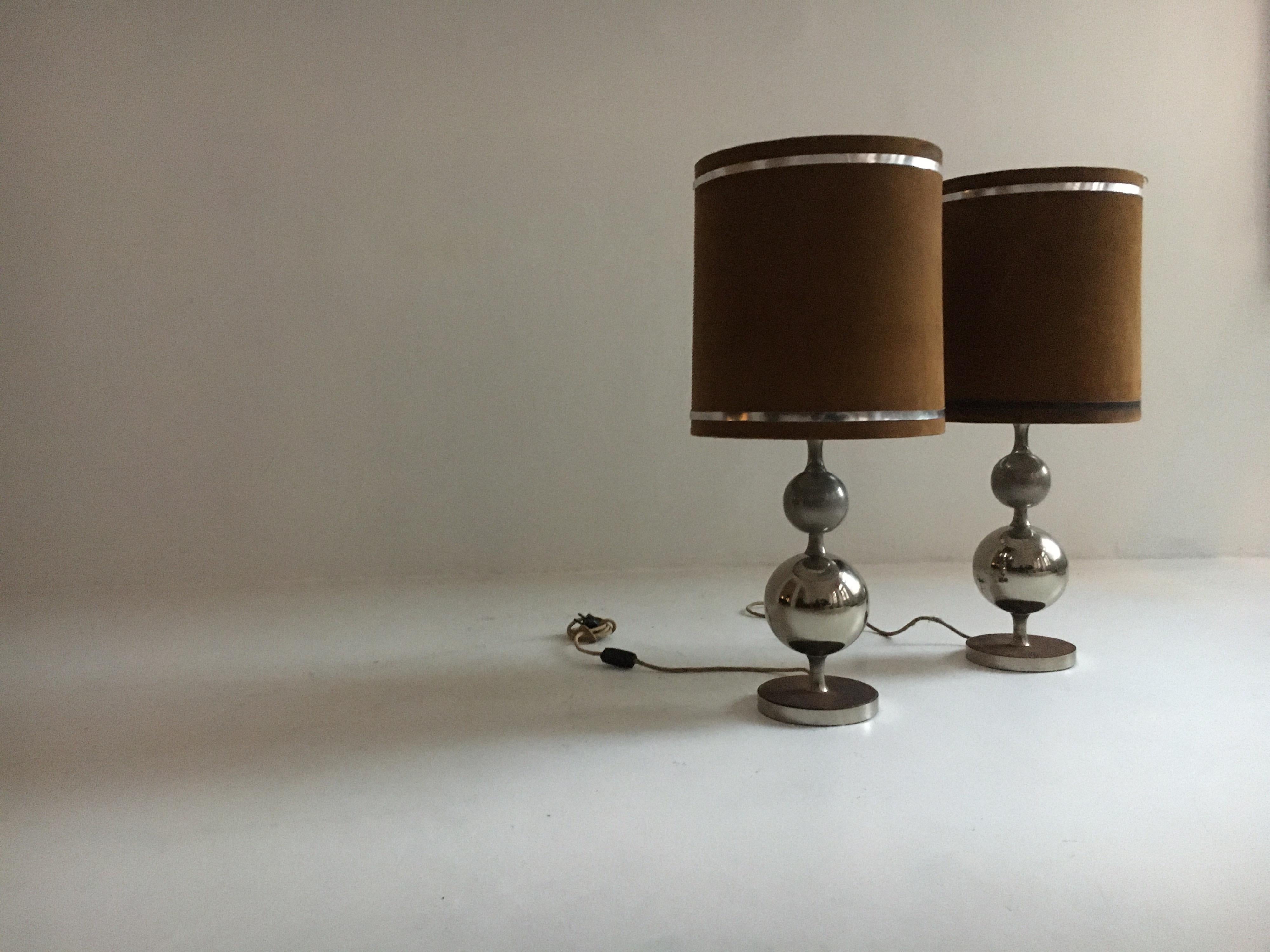 Brass Pierre Cardin Oversized Chrome and Suede Table Lamps, France, 1970s For Sale