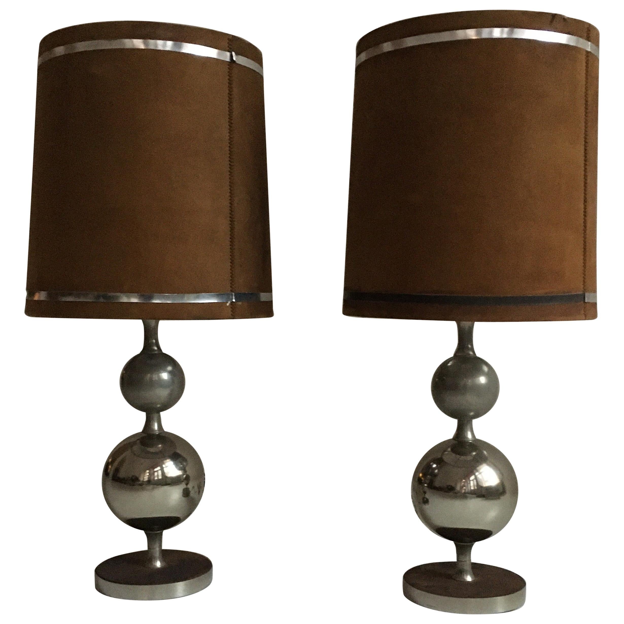 Pierre Cardin Oversized Chrome and Suede Table Lamps, France, 1970s