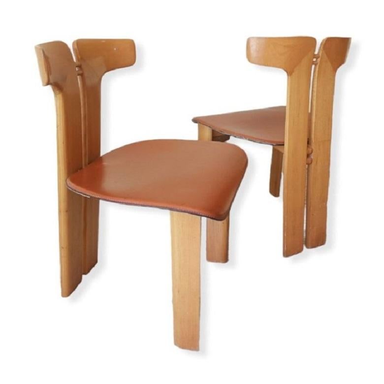 Italian Pierre Cardin 2 Dining Chairs in Walnut and Leather