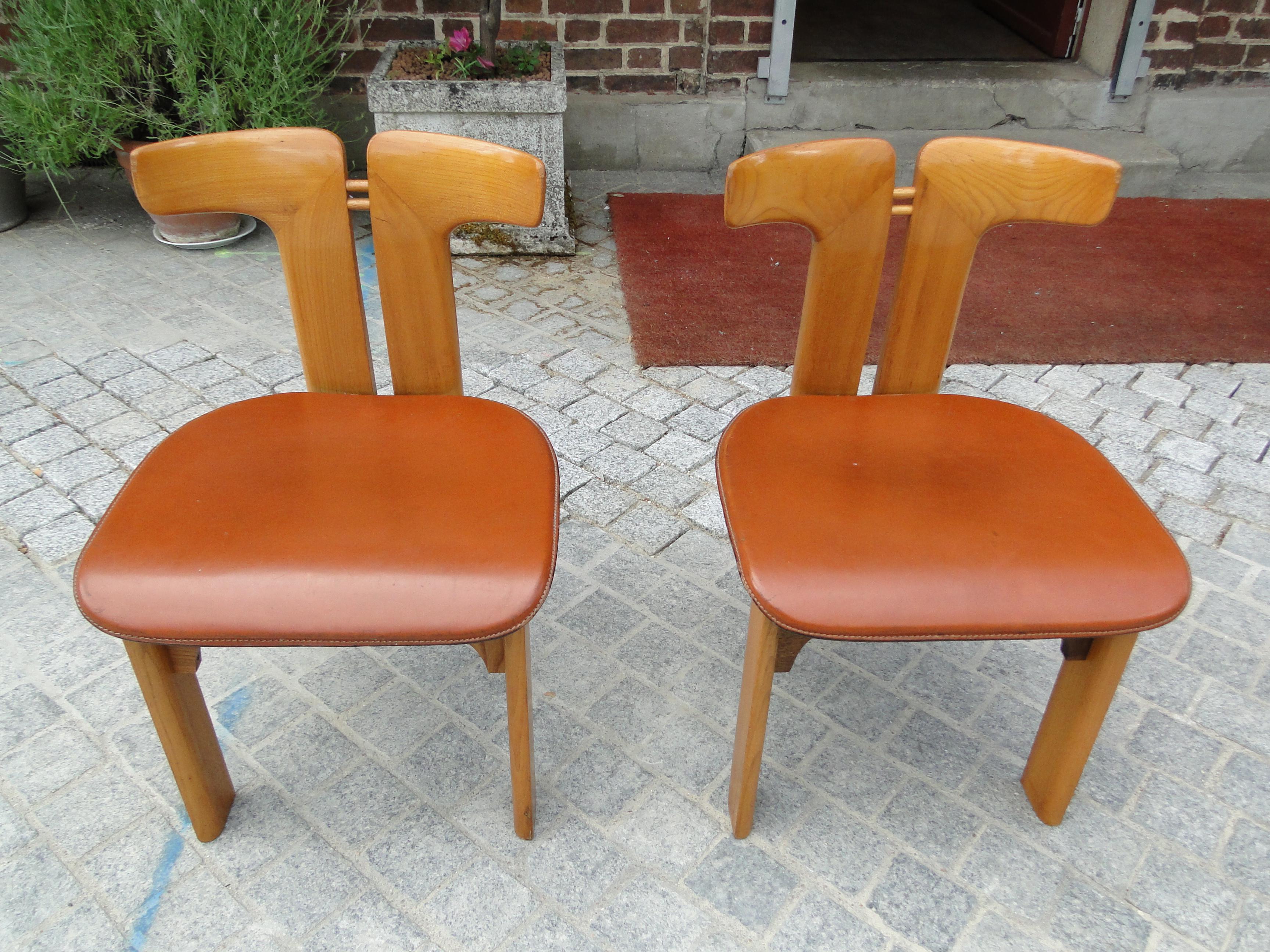 20th Century Pierre Cardin 2 Dining Chairs in Walnut and Leather