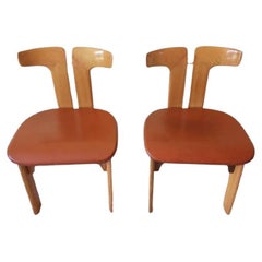 Vintage Pierre Cardin 2 Dining Chairs in Walnut and Leather