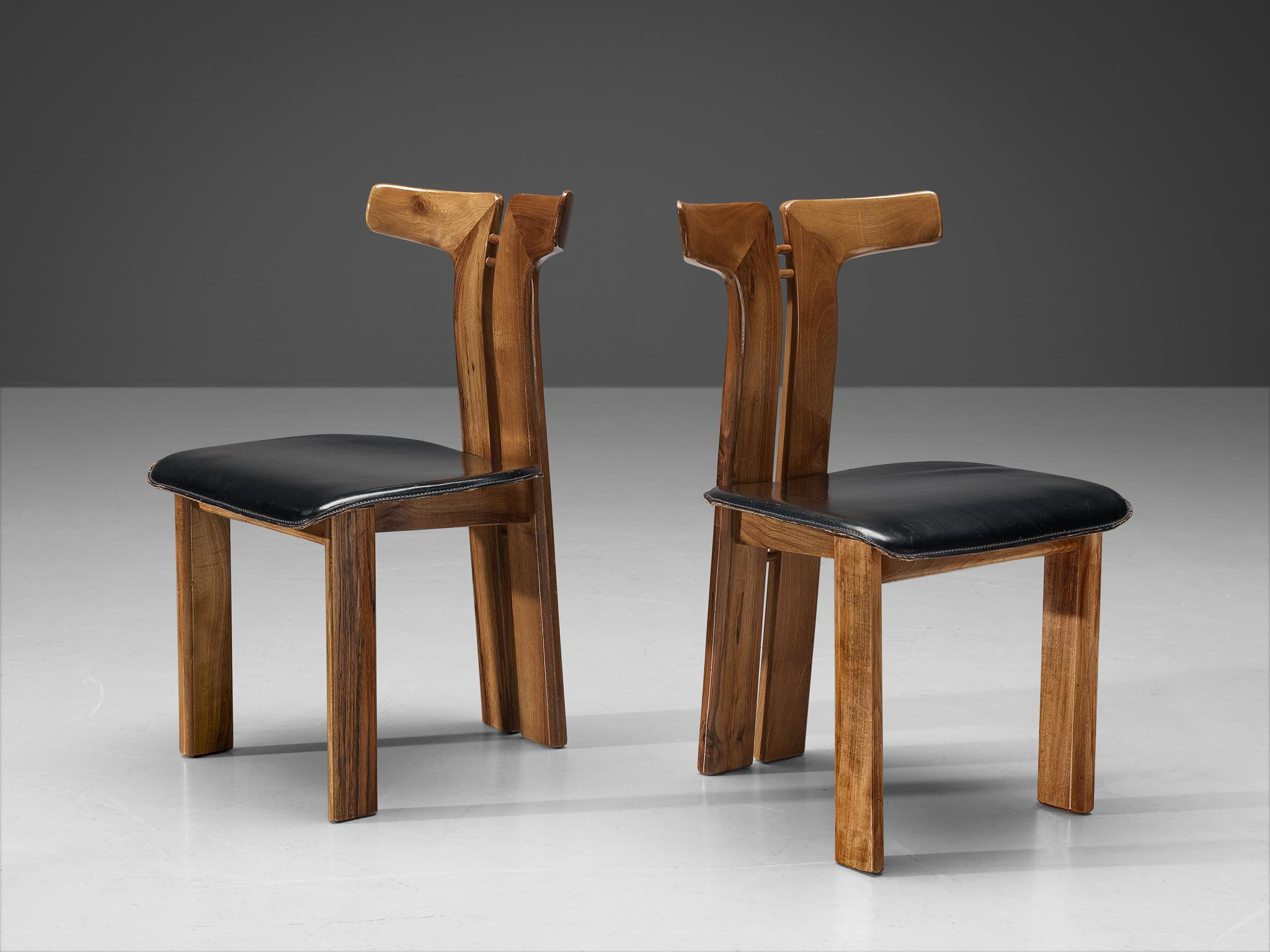 French Pierre Cardin Pair of Dining Chairs in Walnut and Leather