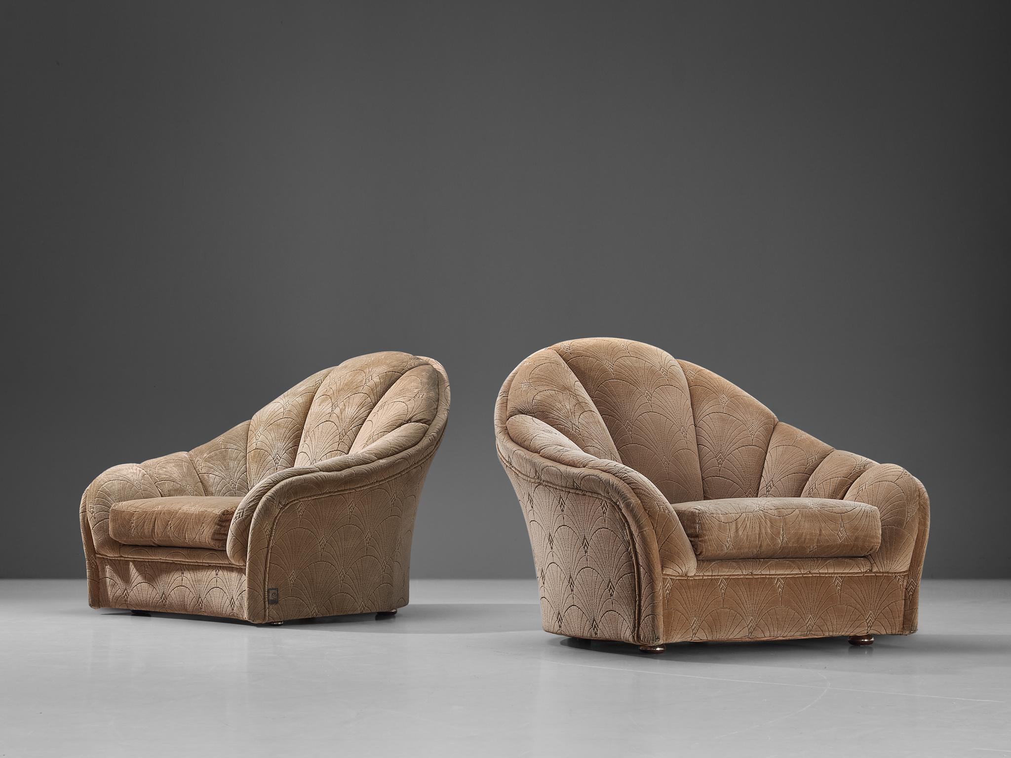 Pierre Cardin, pair of easy chairs, beige velvet, plastic, chrome, France, 1970s 

This pair of lounge chairs is the designed by the groundbreaking fashion designer Pierre Cardin (1922 - 2020). Pierre Cardin was a world famous fashion designer, but