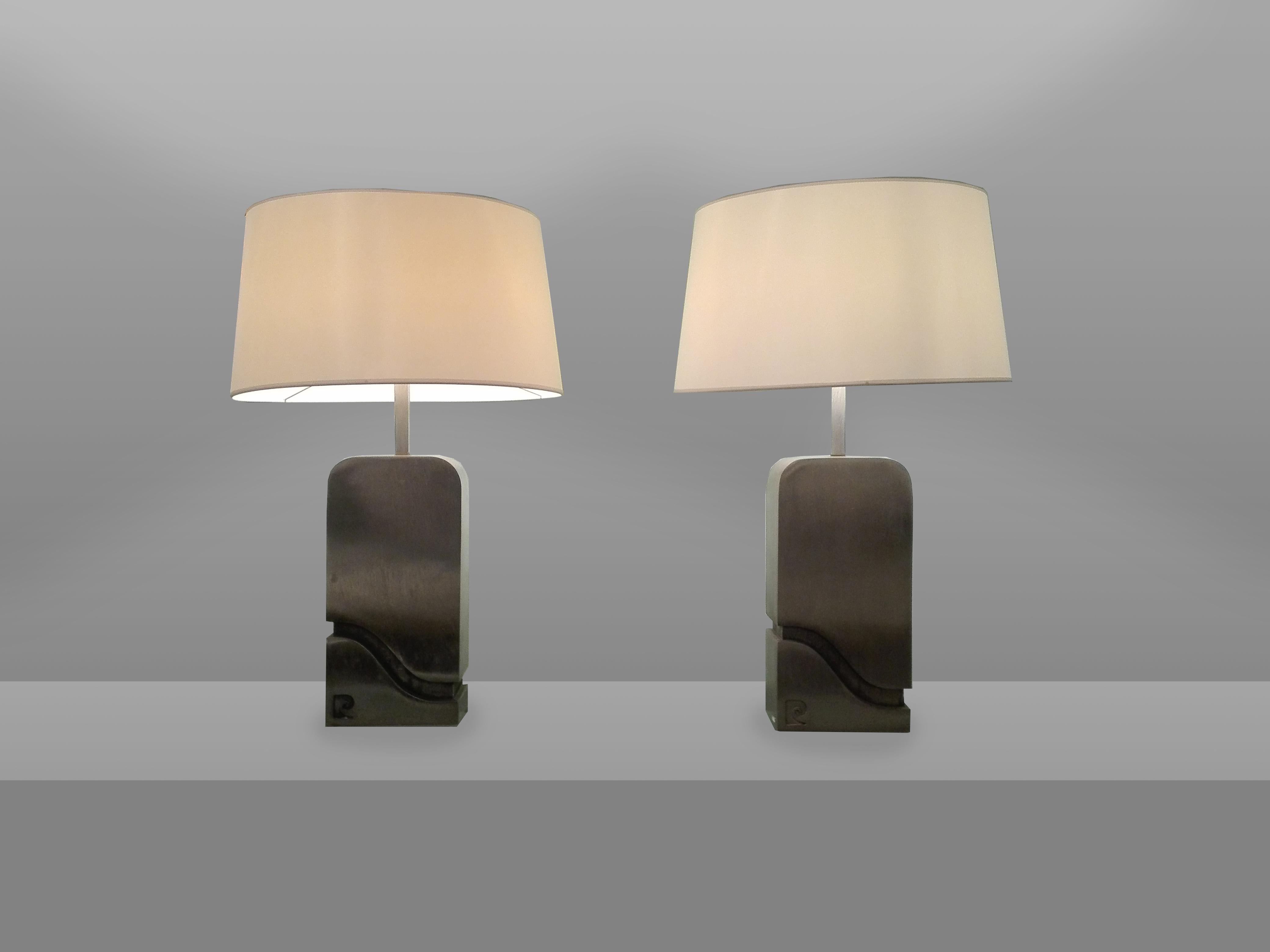 Pair of metal table lamps by Pierre Cardin, France, circa 1970. Dimensions: Diameter 46 cm, high 71 cm. Signed in the base.