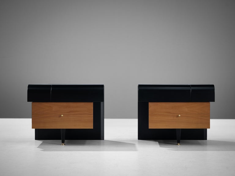 Pierre Cardin, pair of nightstands, black lacquered wood, walnut, brass, France, 1970s

Pair of nightstands designed by the groundbreaking fashion designer Pierre Cardin (1922 - 2020). Pierre Cardin was a world famous fashion designer, but also