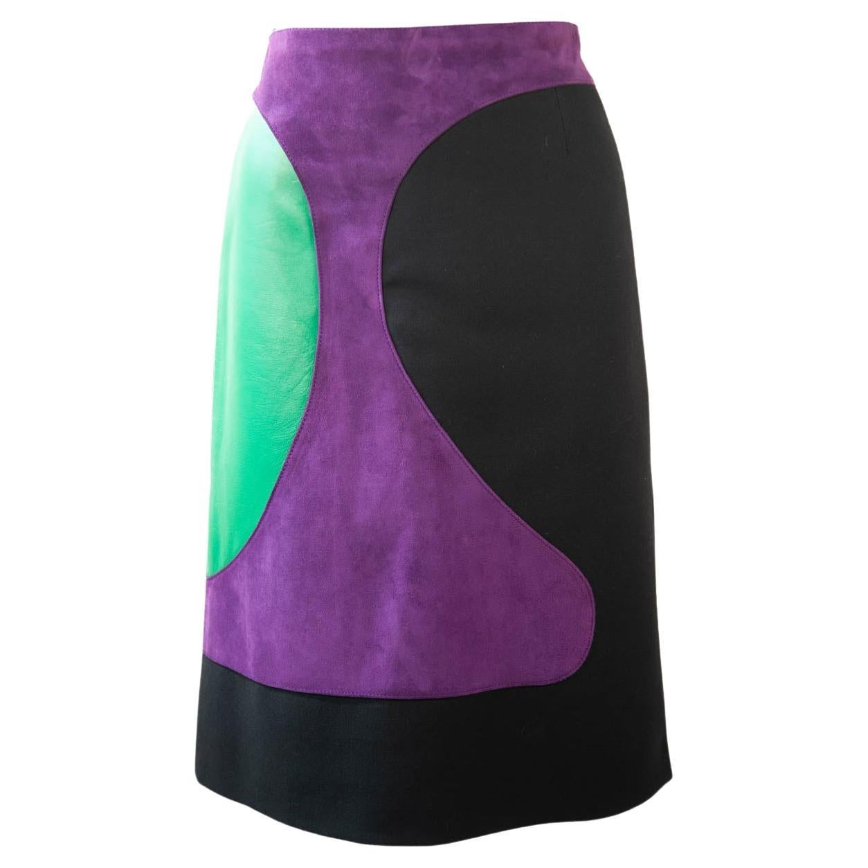 Pierre Cardin Paris, MOD, Purple, Suede, Green Leather and Wool Skirt, 1960s