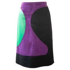 Vintage Pierre Cardin Paris, MOD, Purple, Suede, Green Leather and Wool Skirt, 1960s