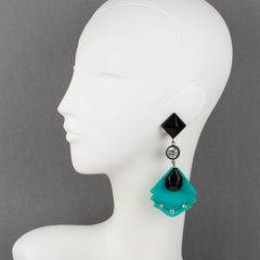 Pierre Cardin Paris Geometric Dangle Clip Earrings Black and Turquoise Resin