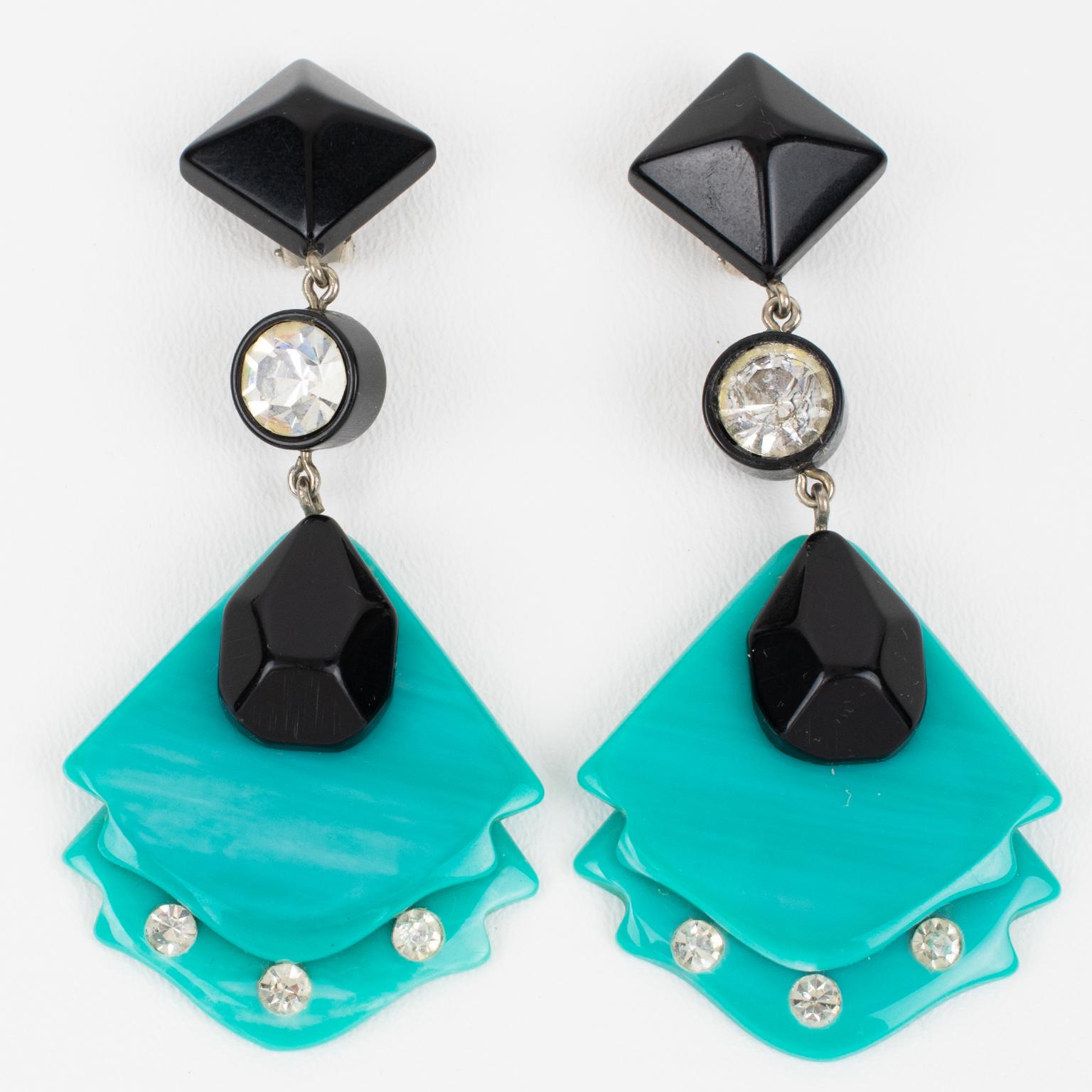 Modernist Pierre Cardin Paris Geometric Dangle Clip Earrings Black and Turquoise Resin