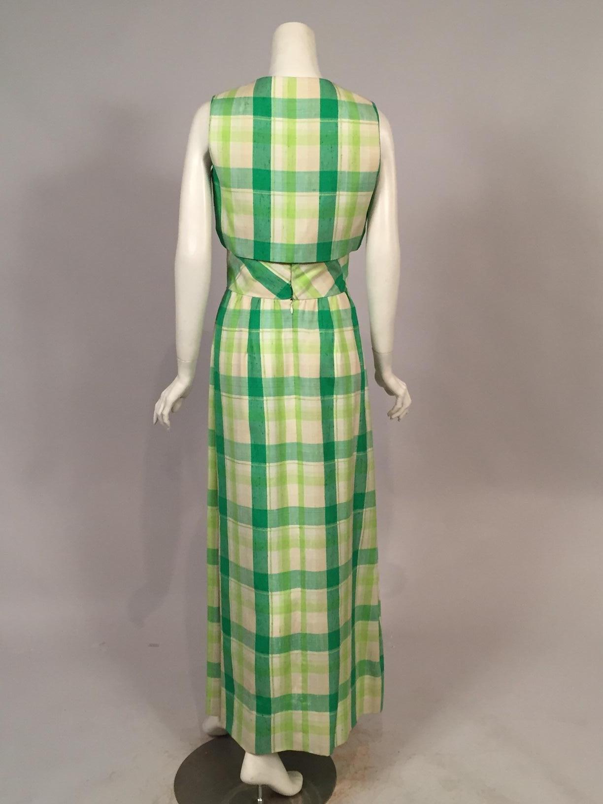 Pierre Cardin Raw Silk Two Piece Plaid Maxi Dress In Excellent Condition In New Hope, PA