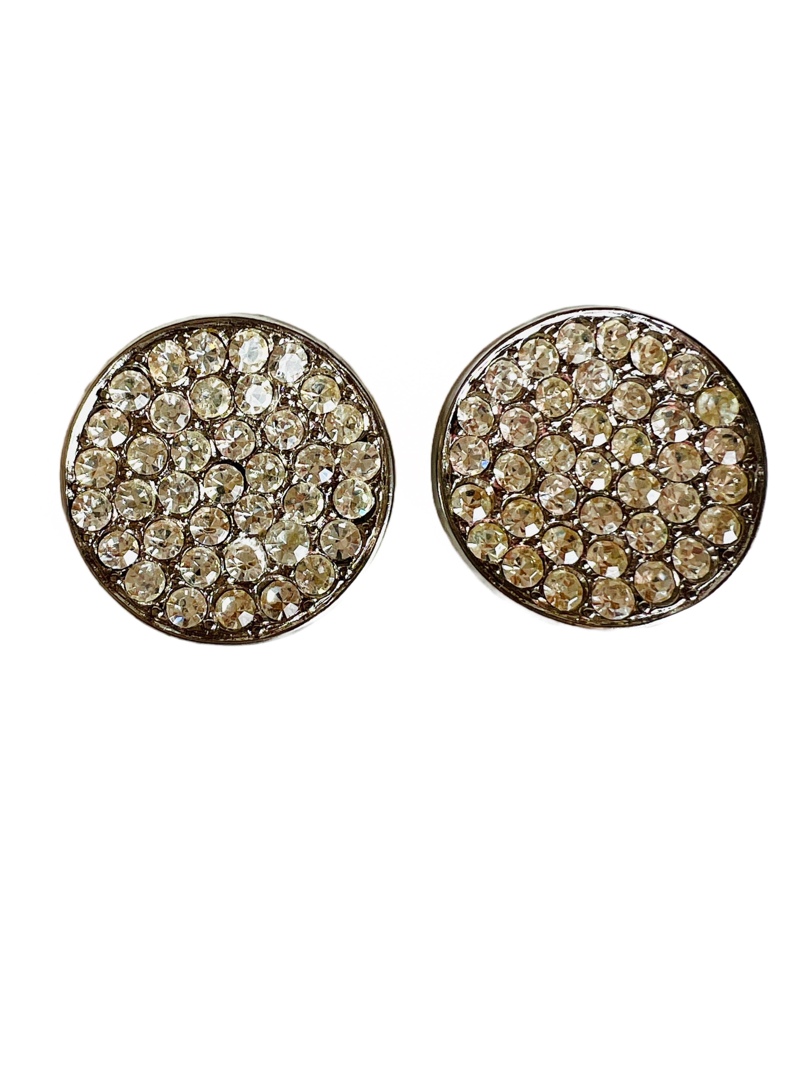 Pierre Cardin Rhinestone Silver Plated Arched Circular Clip on Earrings In Good Condition For Sale In Sausalito, CA