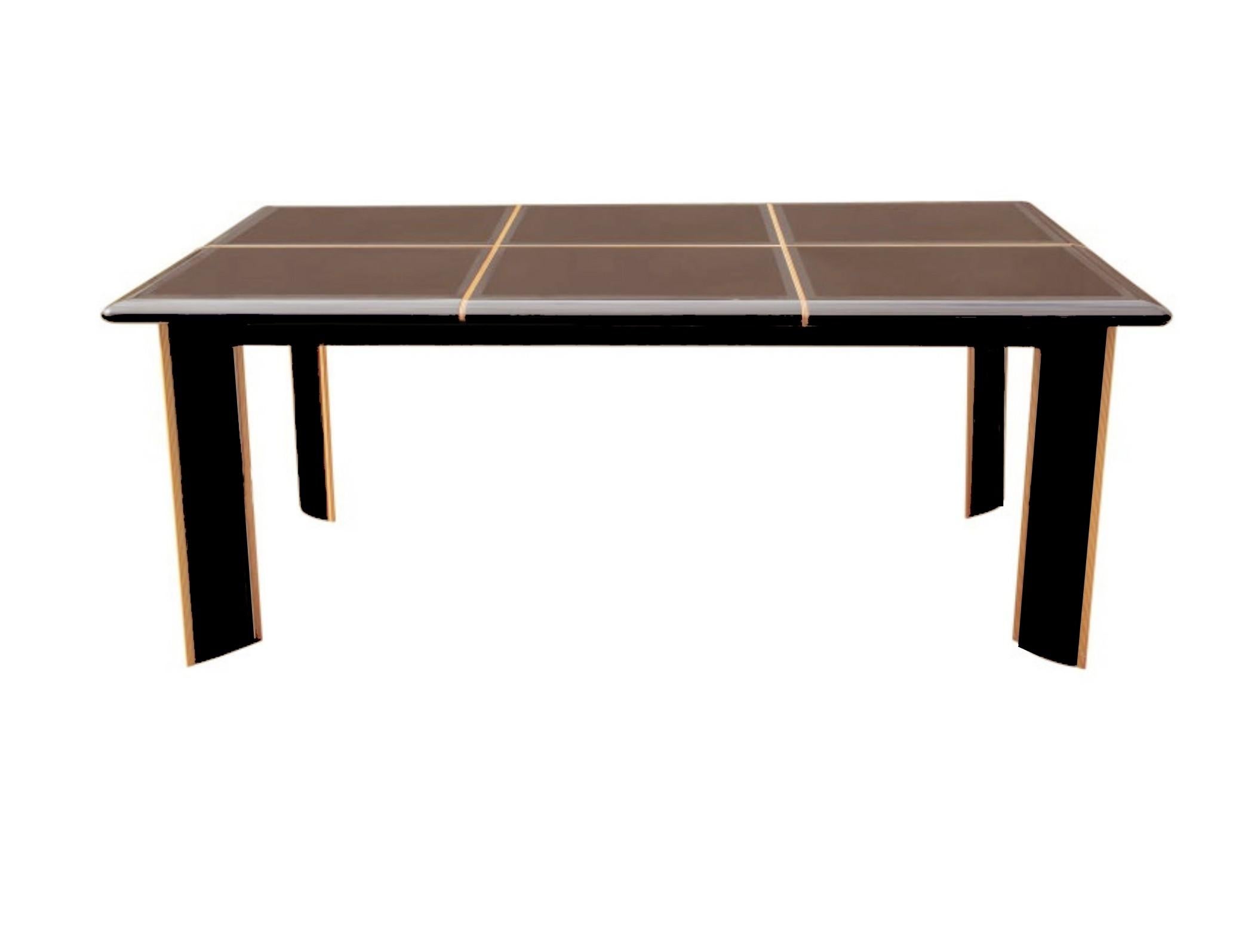 Roche Bobois for Pierre Cardin Italian high gloss black lacquer dining table with beveled glass inserts on top. It has one leaf 23.62