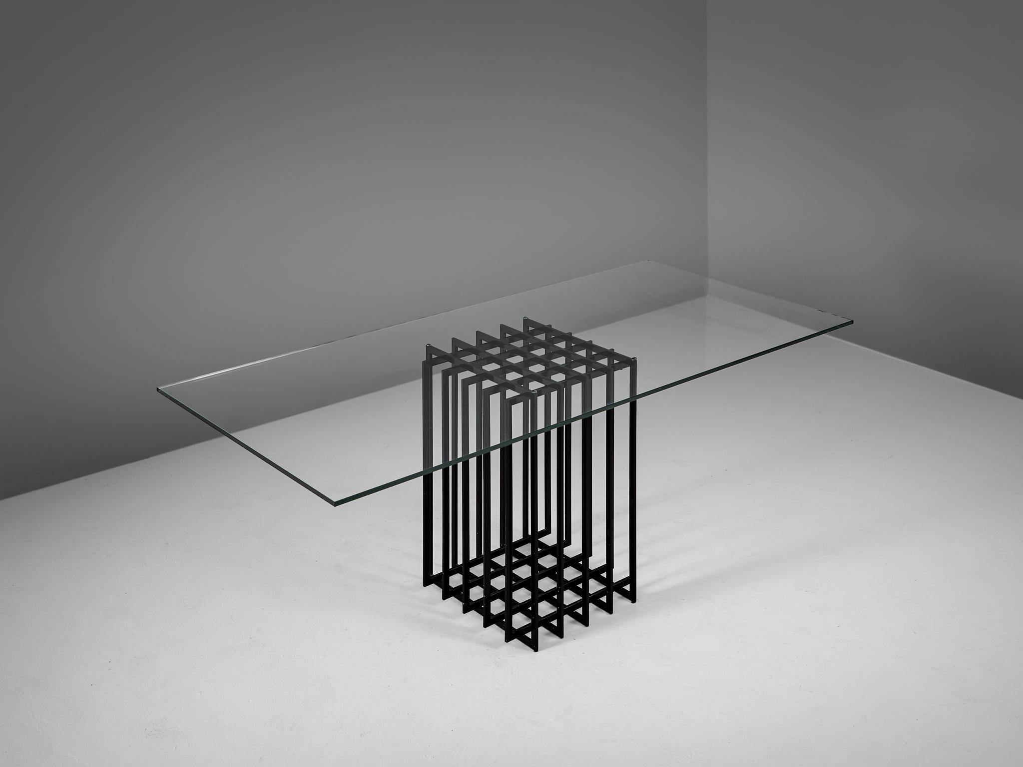 Pierre Cardin, pedestal dining table, metal, glass, France, 1970s

On a cage-like pedestal rests the rectangular glass tabletop. Pierre Cardin wanted the design of the pedestal to be visual from all sides. Five rectangular frames are surrounded by