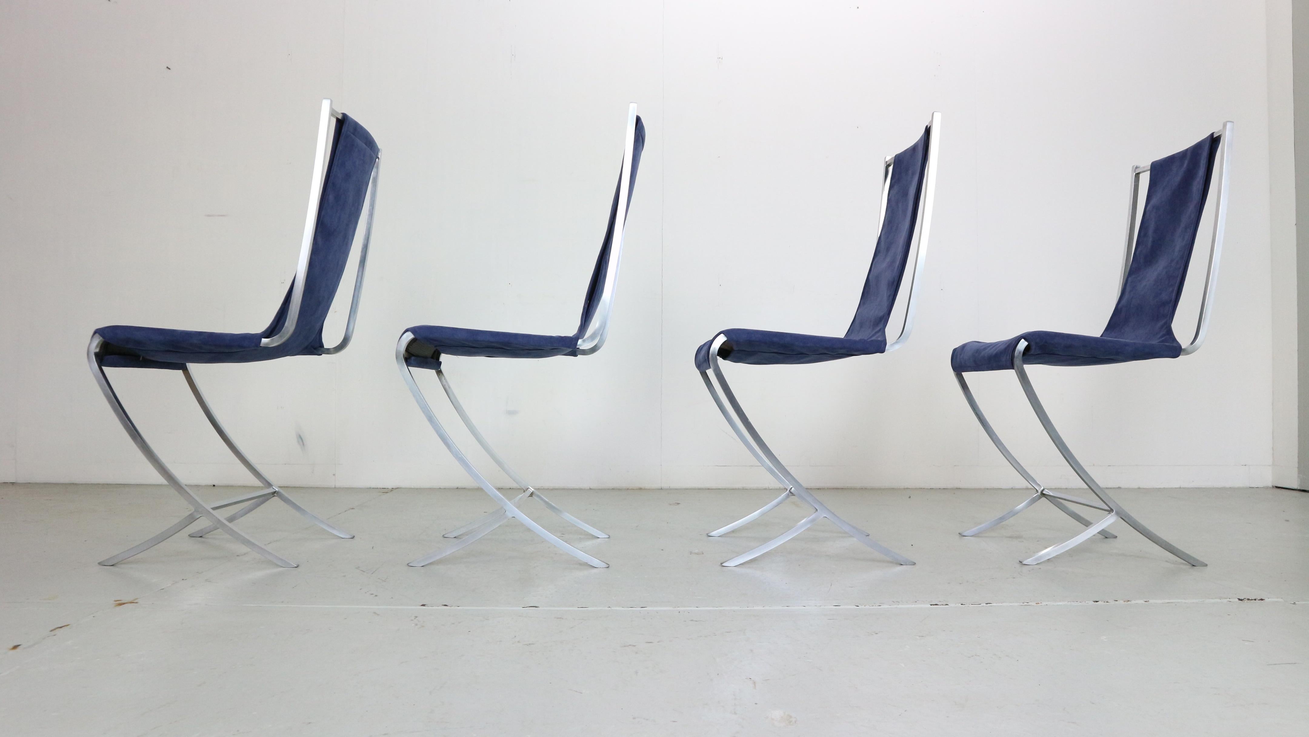 Late 20th Century Pierre Cardin Set Of 4 Dinning Chairs Velvet& Steel For Maison Jansen, 1970 For Sale