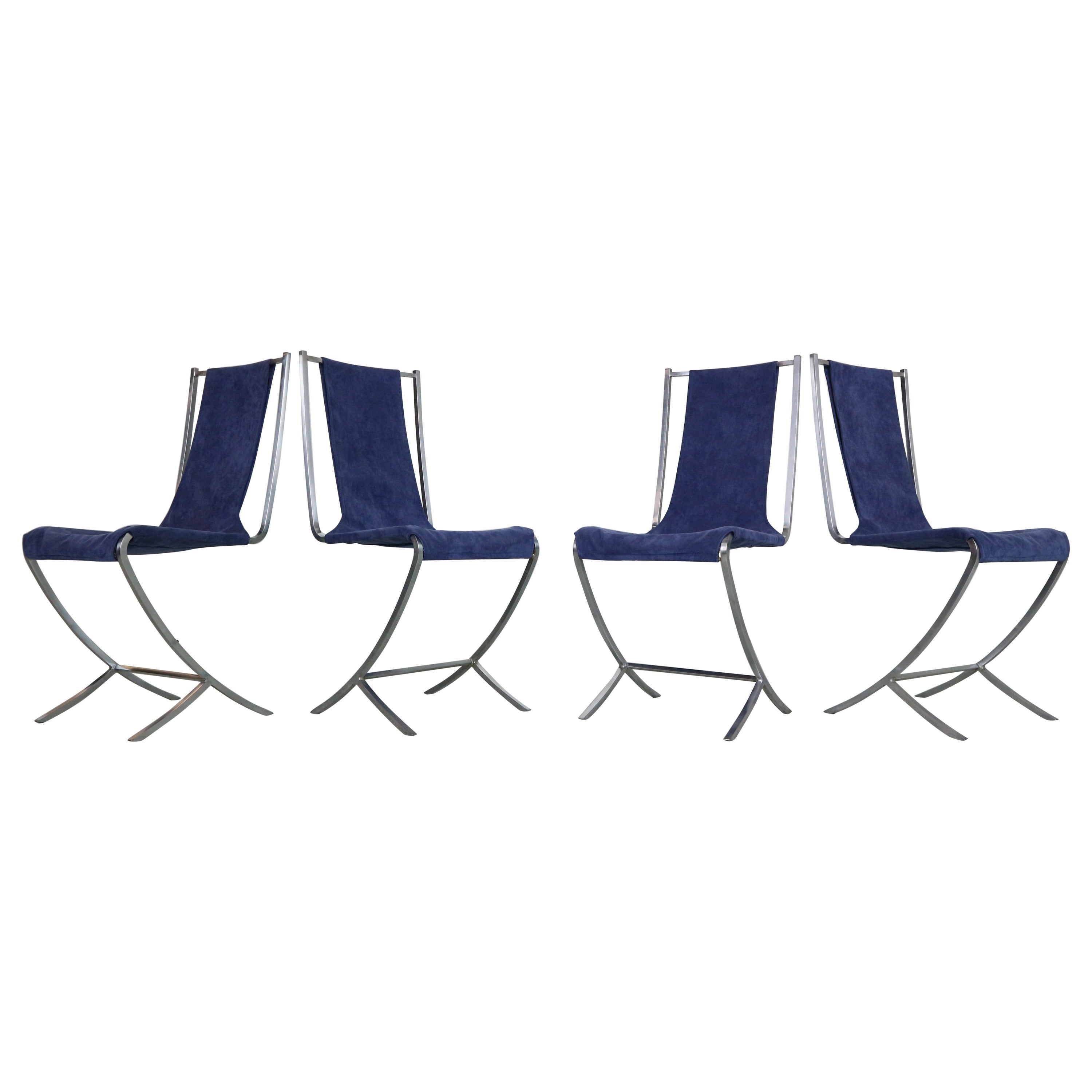 Pierre Cardin Juego De 4 Sillas De Comedor De Terciopelo Y Acero Para Maison Jansen, 1970