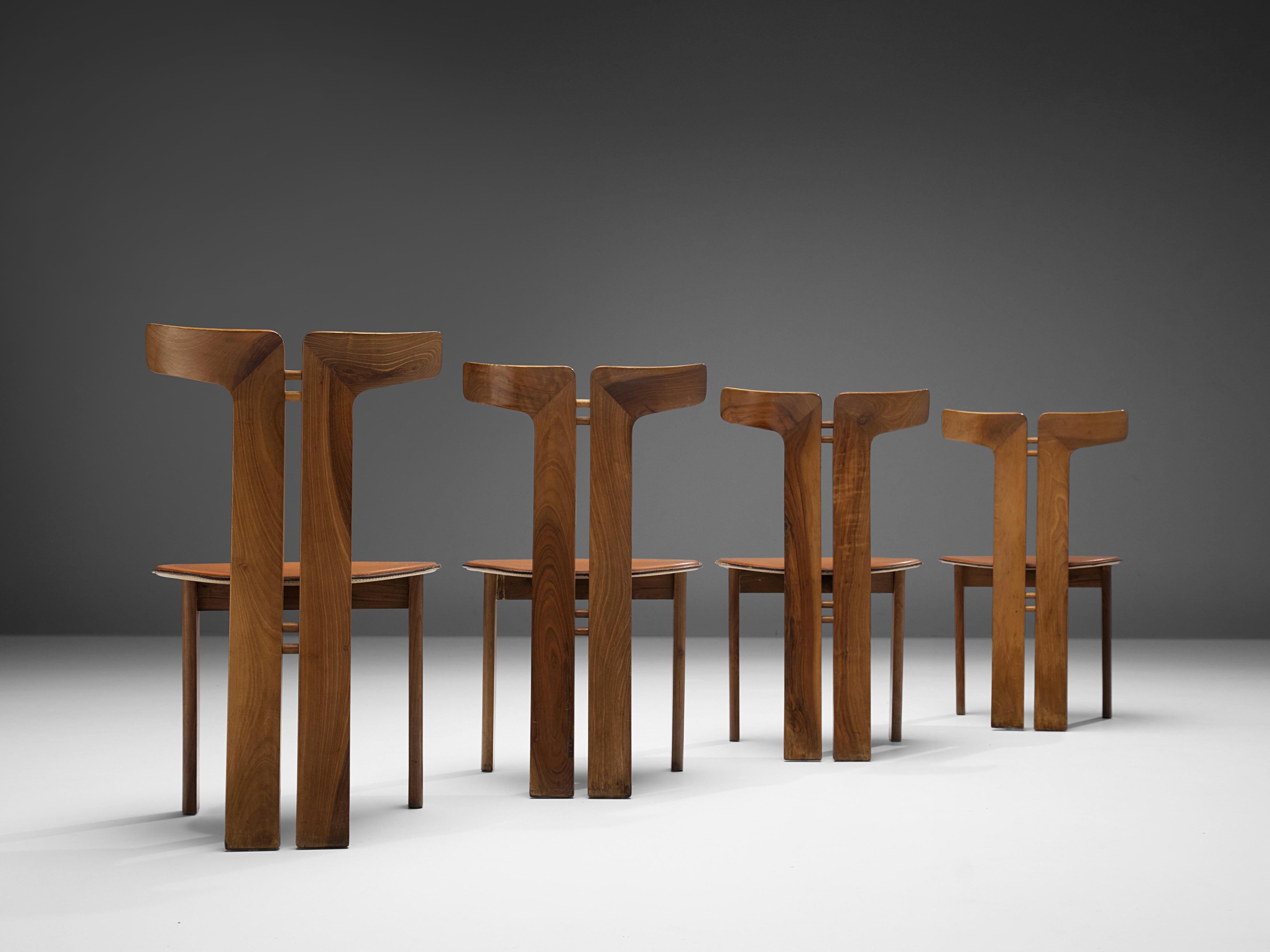 Pierre Cardin Set of Eight Dining Chairs in Walnut and Cognac Leather 1