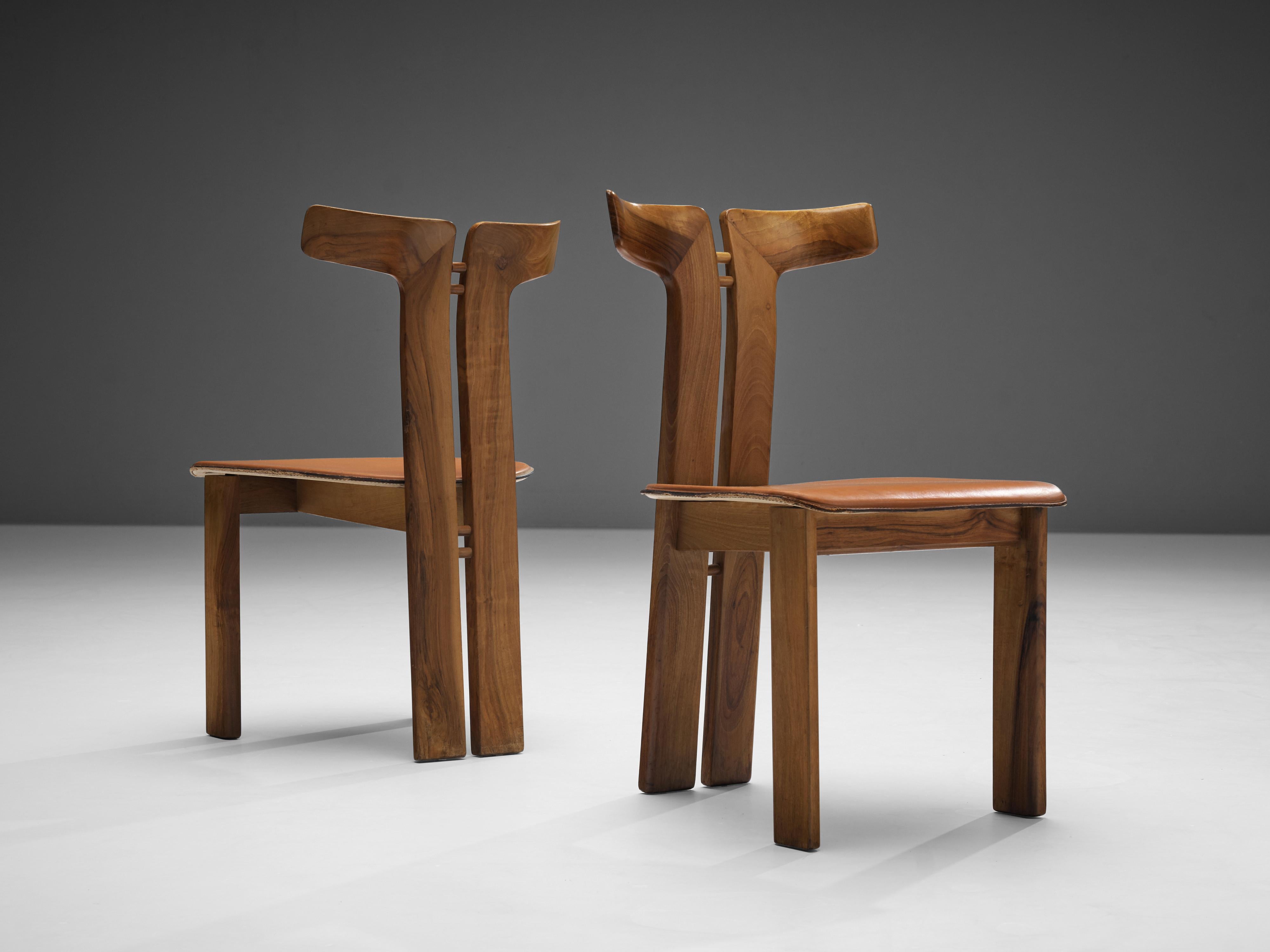 Mid-Century Modern Pierre Cardin Set of Eight Dining Chairs in Walnut and Cognac Leather