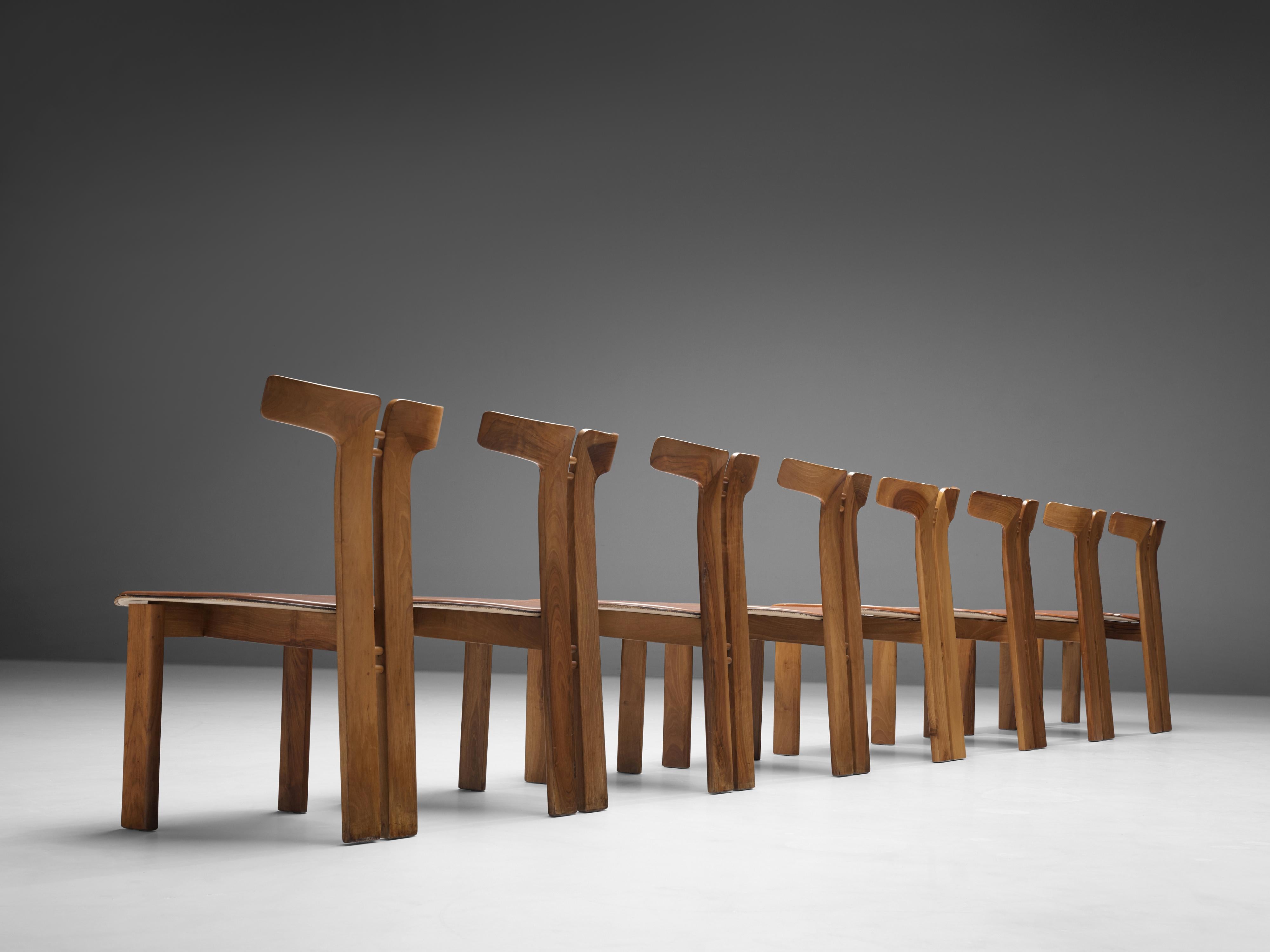 Italian Pierre Cardin Set of Eight Dining Chairs in Walnut and Cognac Leather