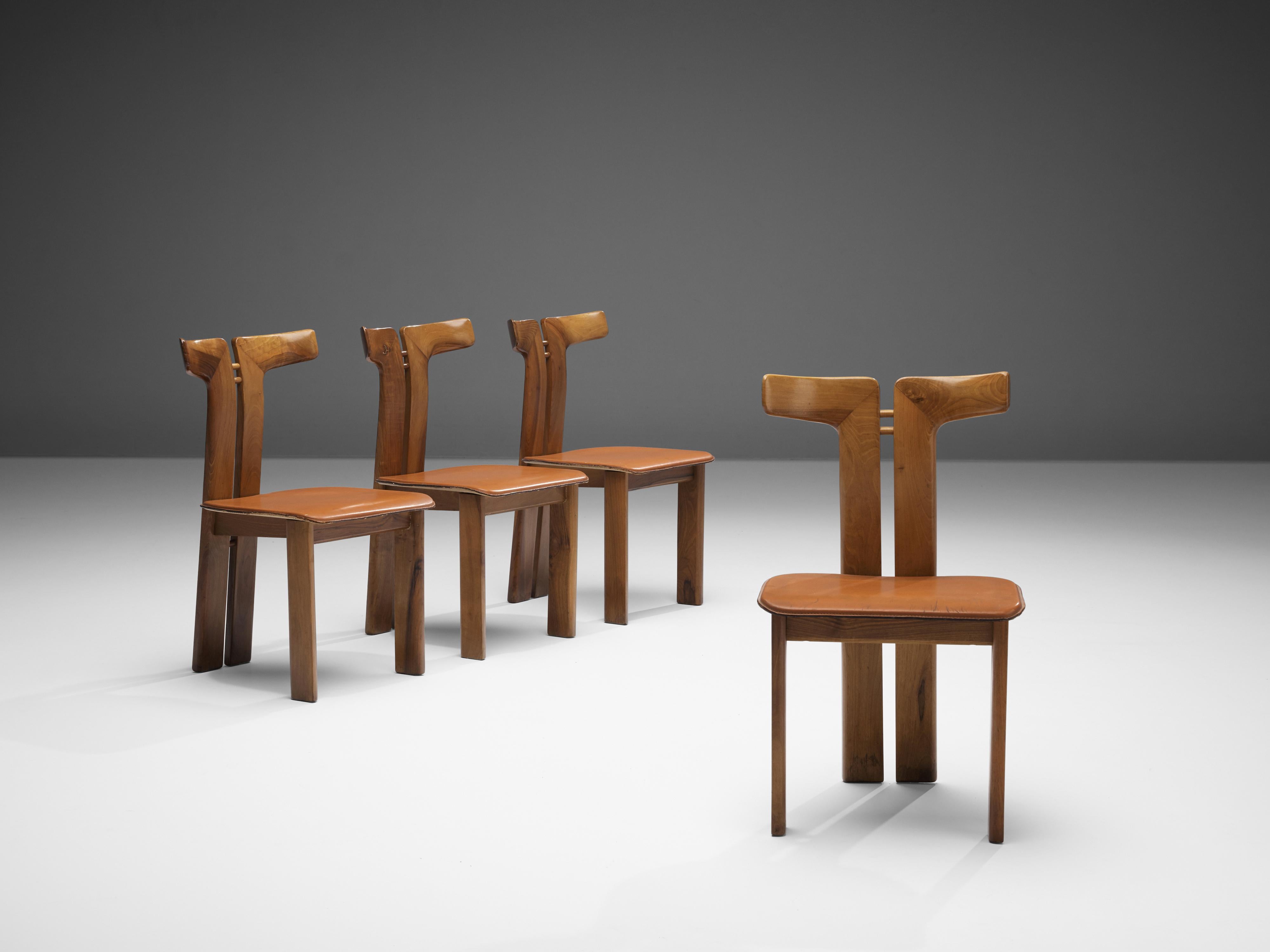 Pierre Cardin Set of Eight Dining Chairs in Walnut and Cognac Leather In Good Condition In Waalwijk, NL