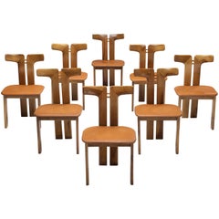 Pierre Cardin Set of Eight Dining Chairs in Walnut and Cognac Leather