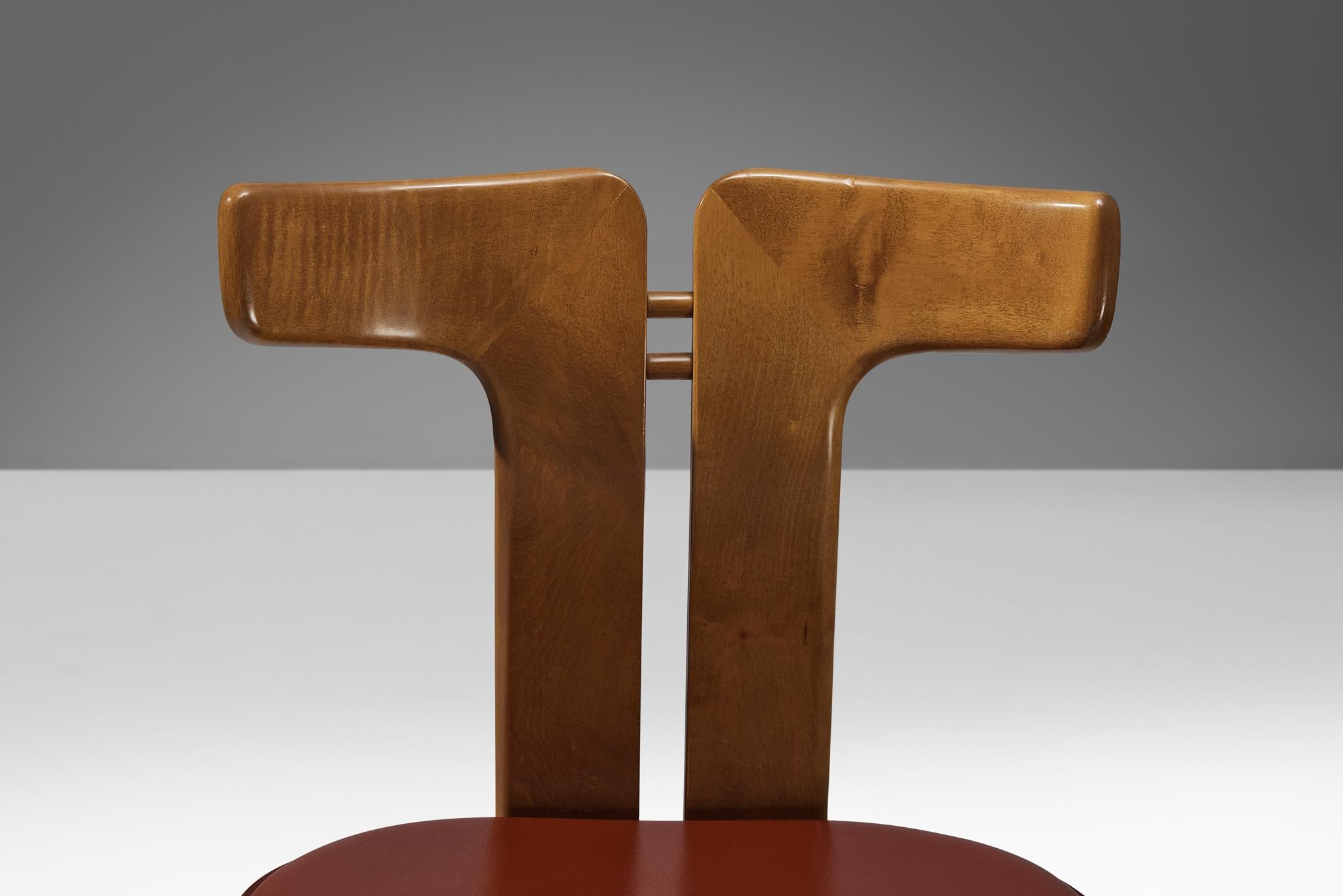 Post-Modern Pierre Cardin Set of Four Dining Chairs in Walnut and Red Leather