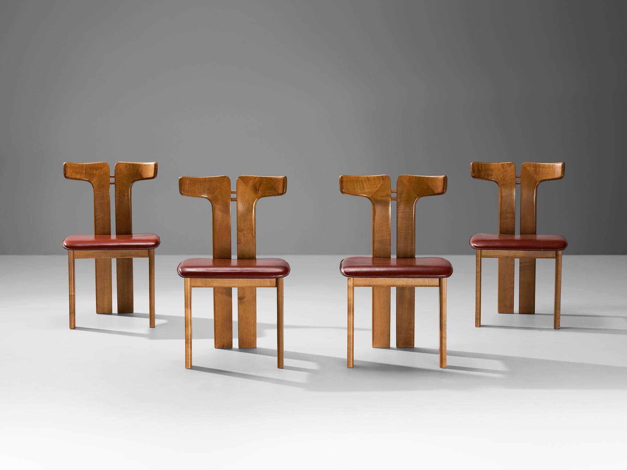 Italian Pierre Cardin Set of Four Dining Chairs in Walnut and Red Leather 