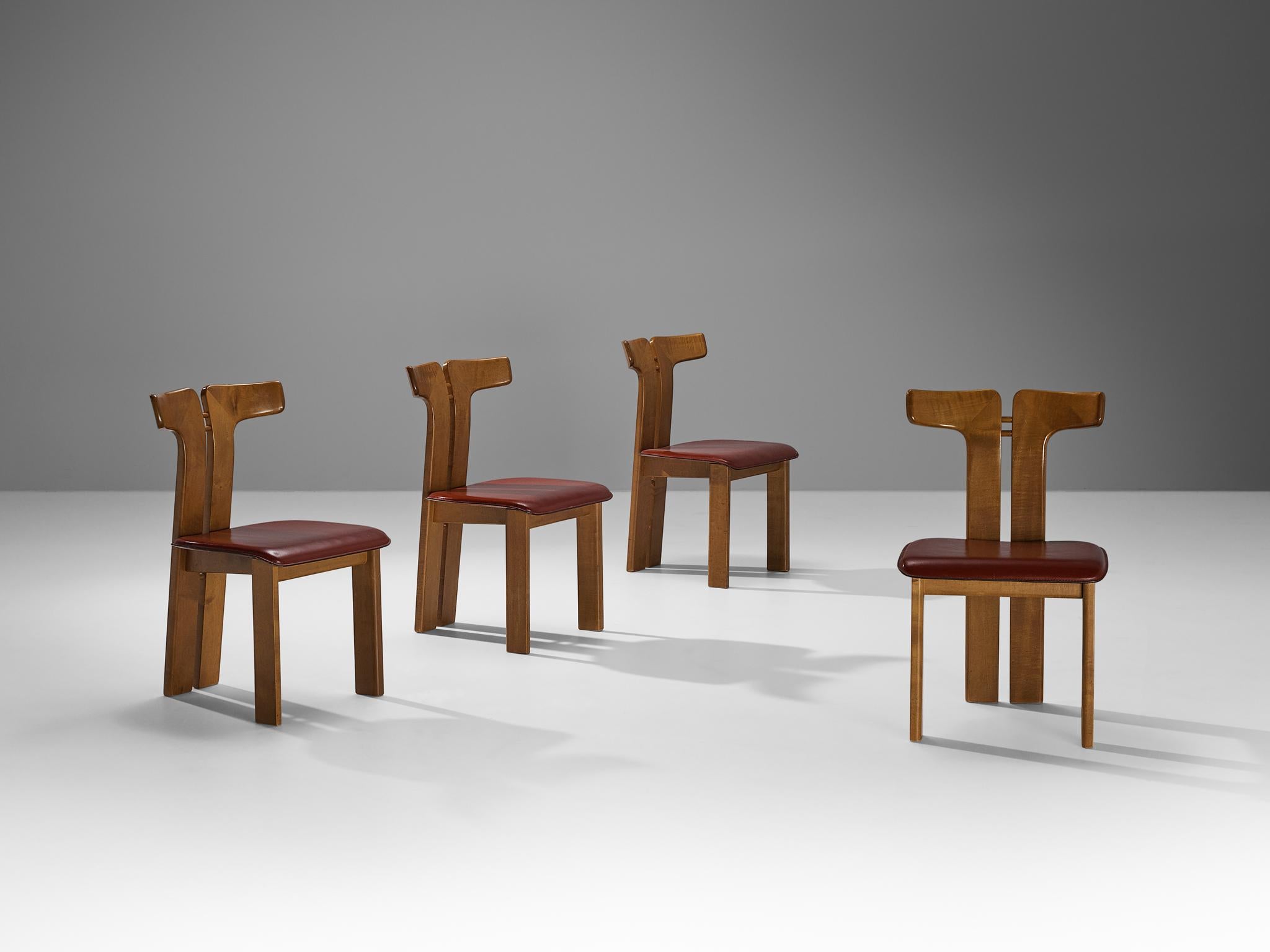 Italian Pierre Cardin Set of Four Dining Chairs in Walnut and Red Leather