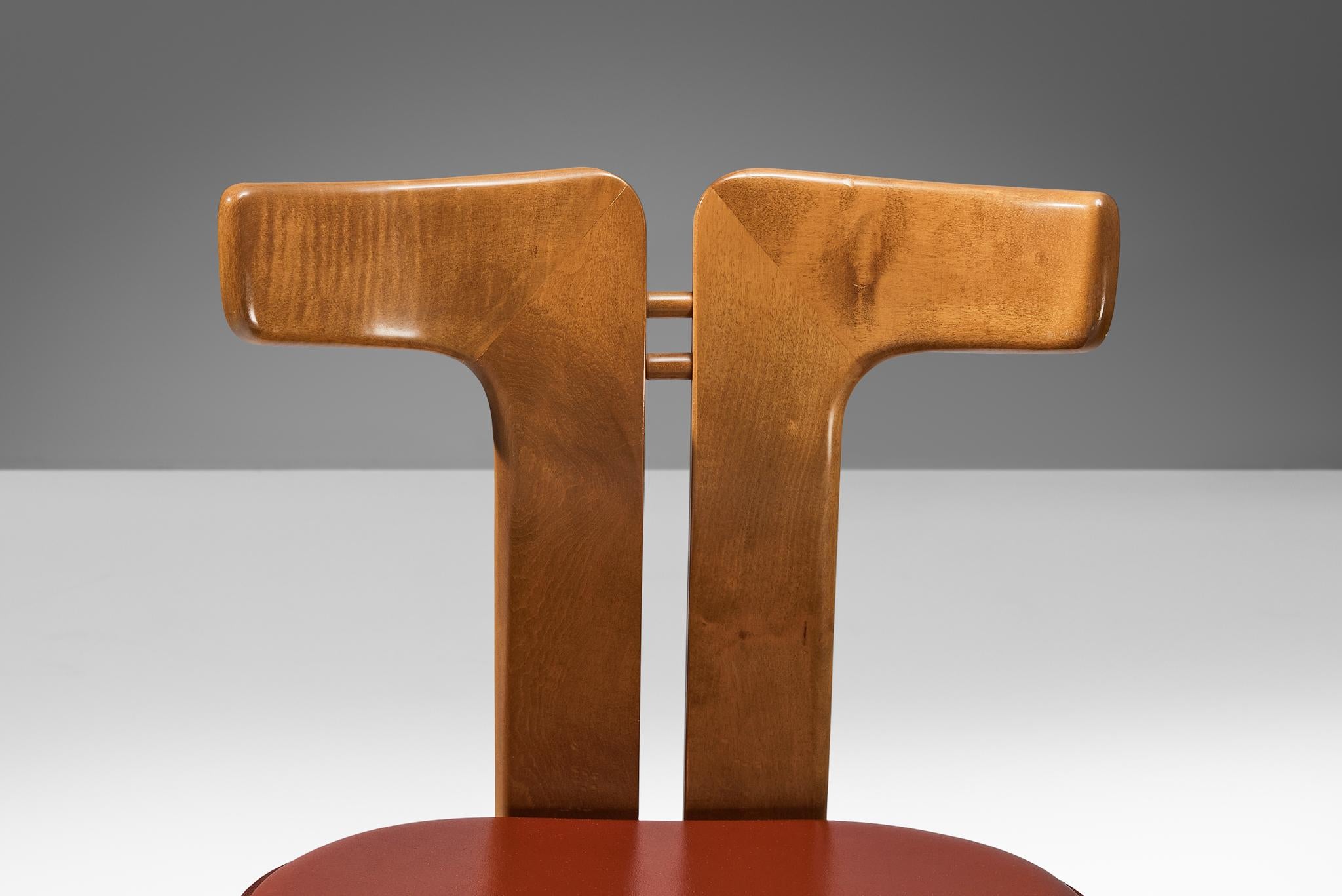 Pierre Cardin Set of Four Dining Chairs in Walnut and Red Leather  In Good Condition In Waalwijk, NL