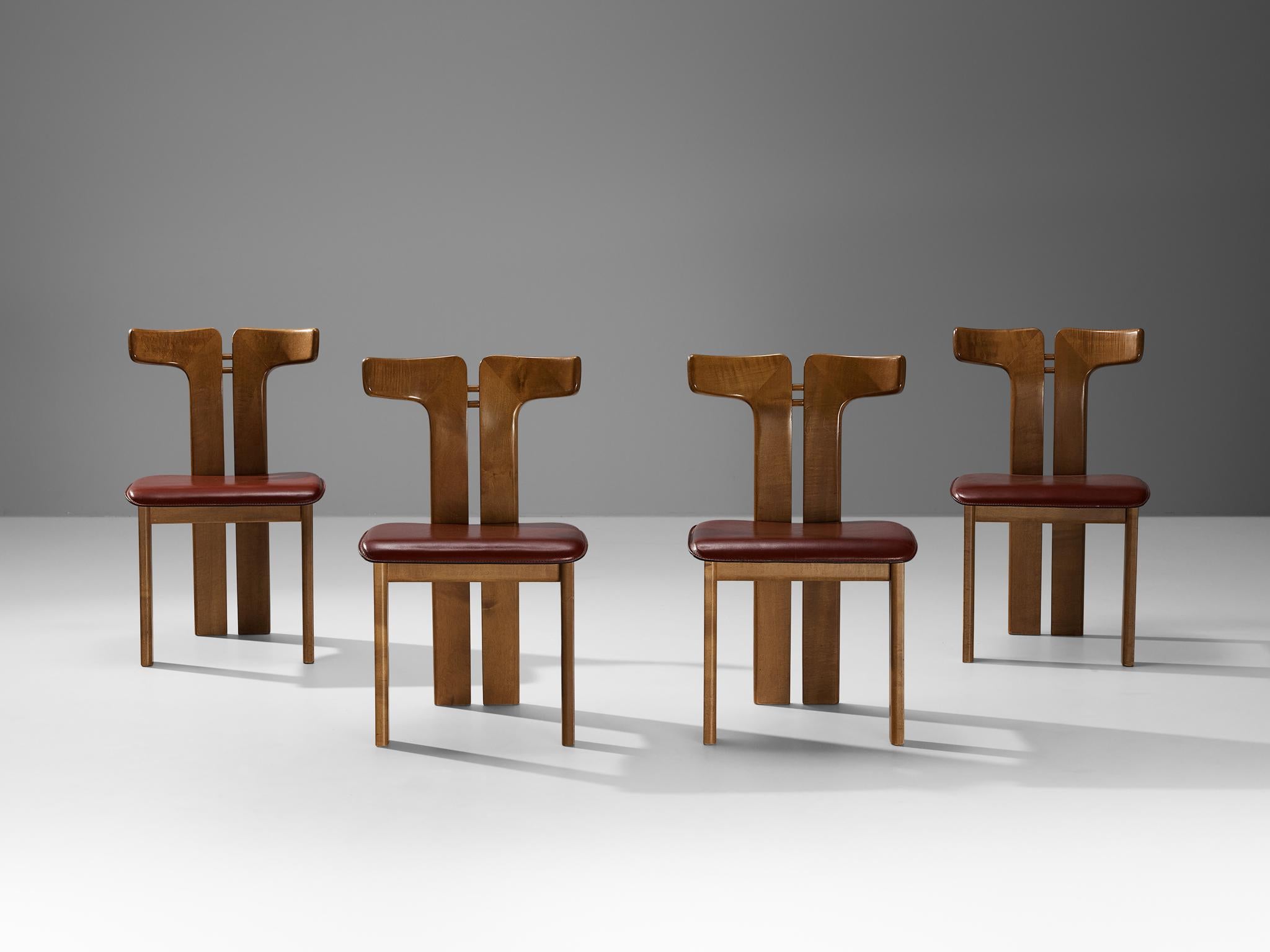 Pierre Cardin Set of Four Dining Chairs in Walnut and Red Leather In Good Condition In Waalwijk, NL
