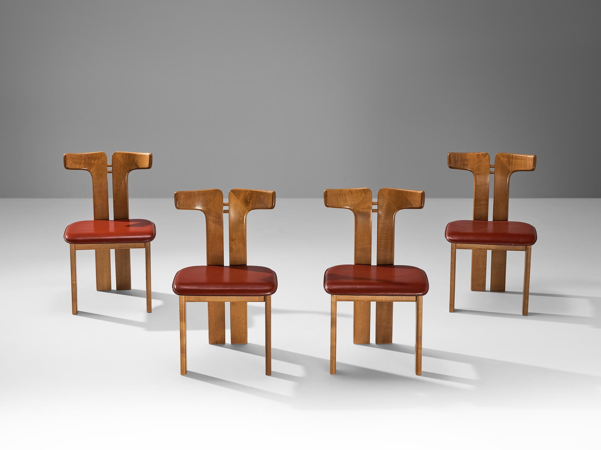 Late 20th Century Pierre Cardin Set of Four Dining Chairs in Walnut and Red Leather 