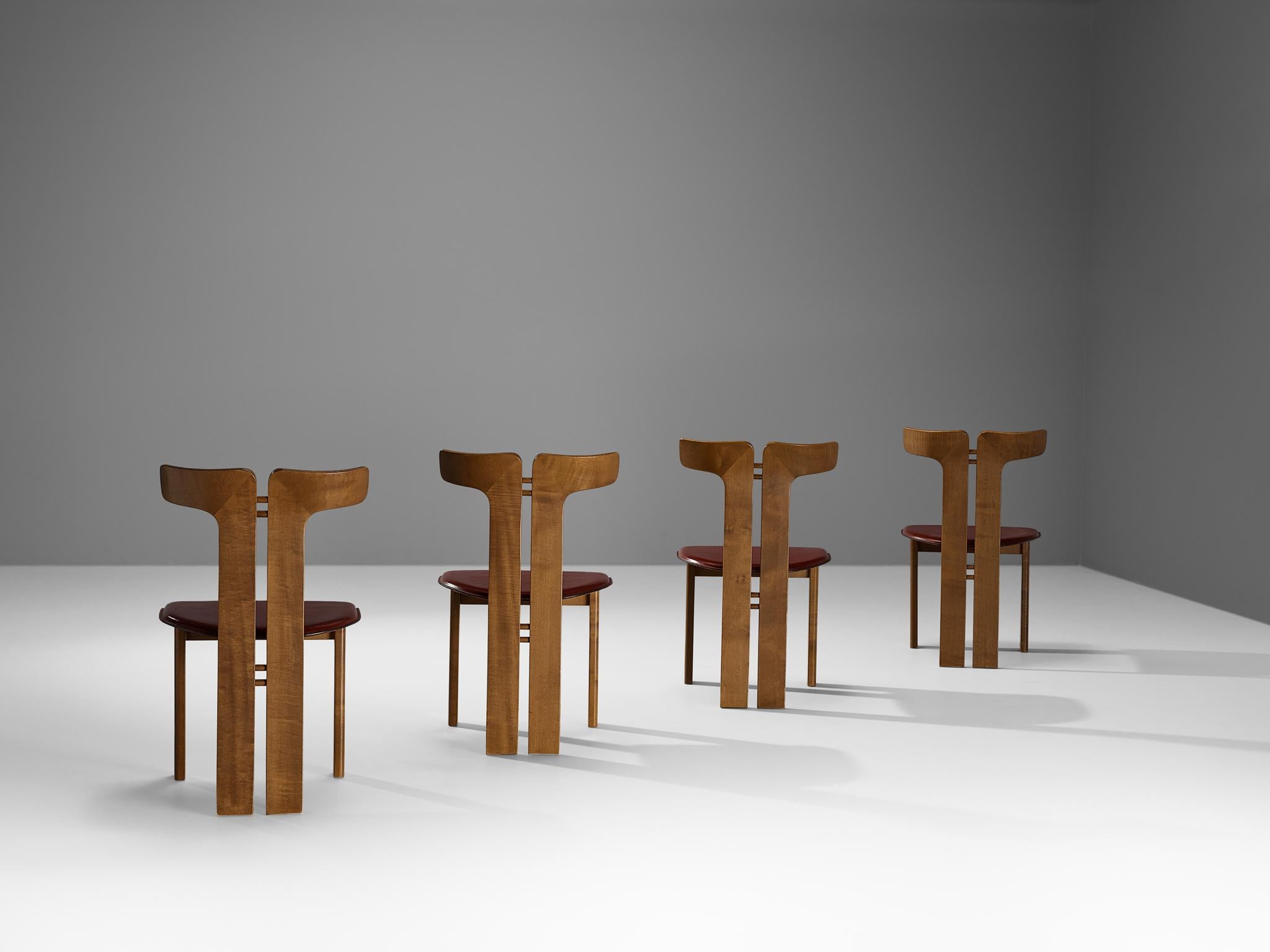 Pierre Cardin Set of Four Dining Chairs in Walnut and Red Leather 2
