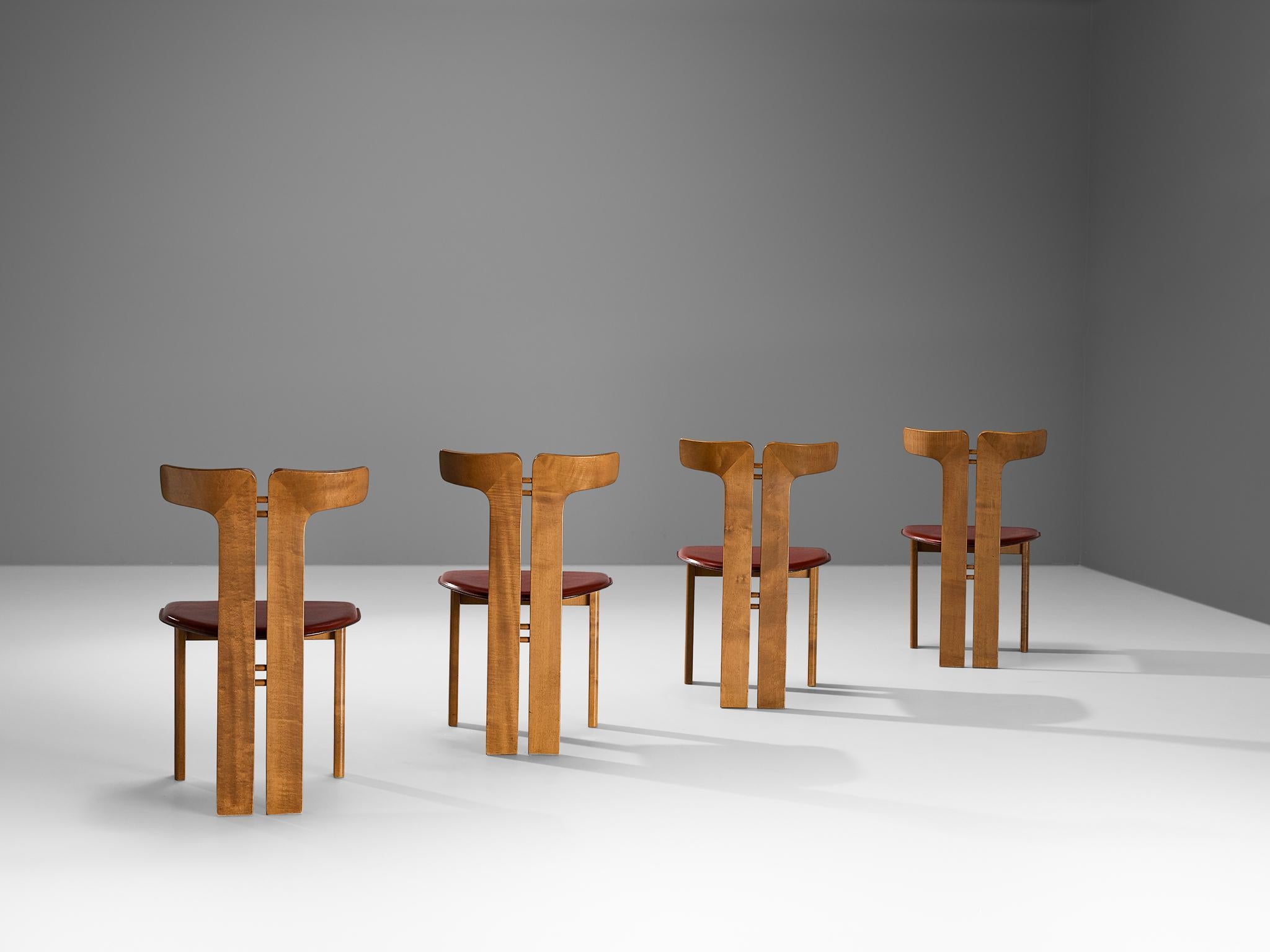 Pierre Cardin Set of Four Dining Chairs in Walnut and Red Leather  3