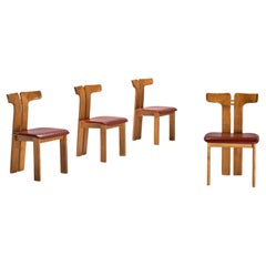 Pierre Cardin Set of Four Dining Chairs in Walnut and Red Leather 