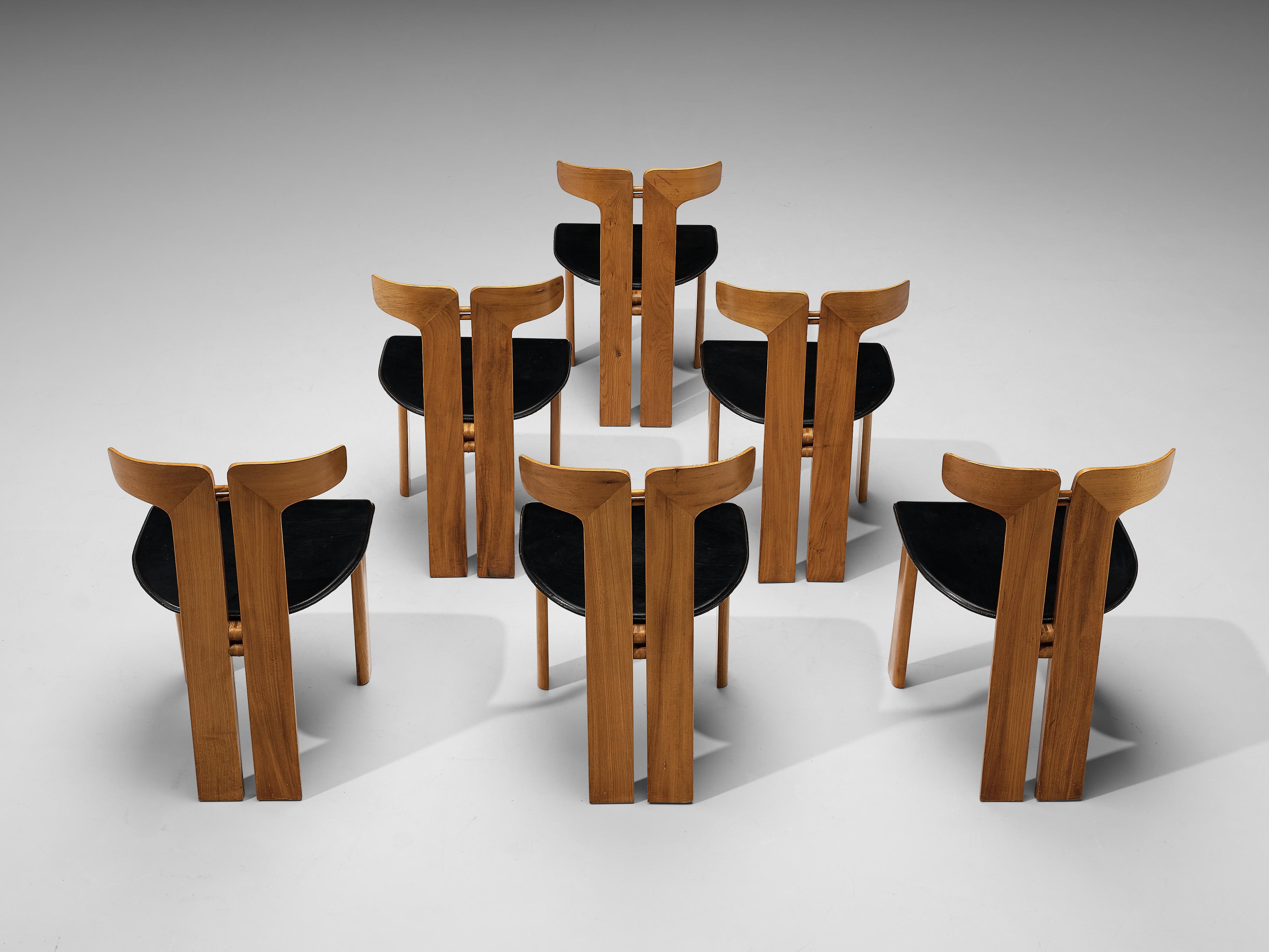 Pierre Cardin Set of Six Dining Chairs in Walnut and Black Leather In Good Condition In Waalwijk, NL
