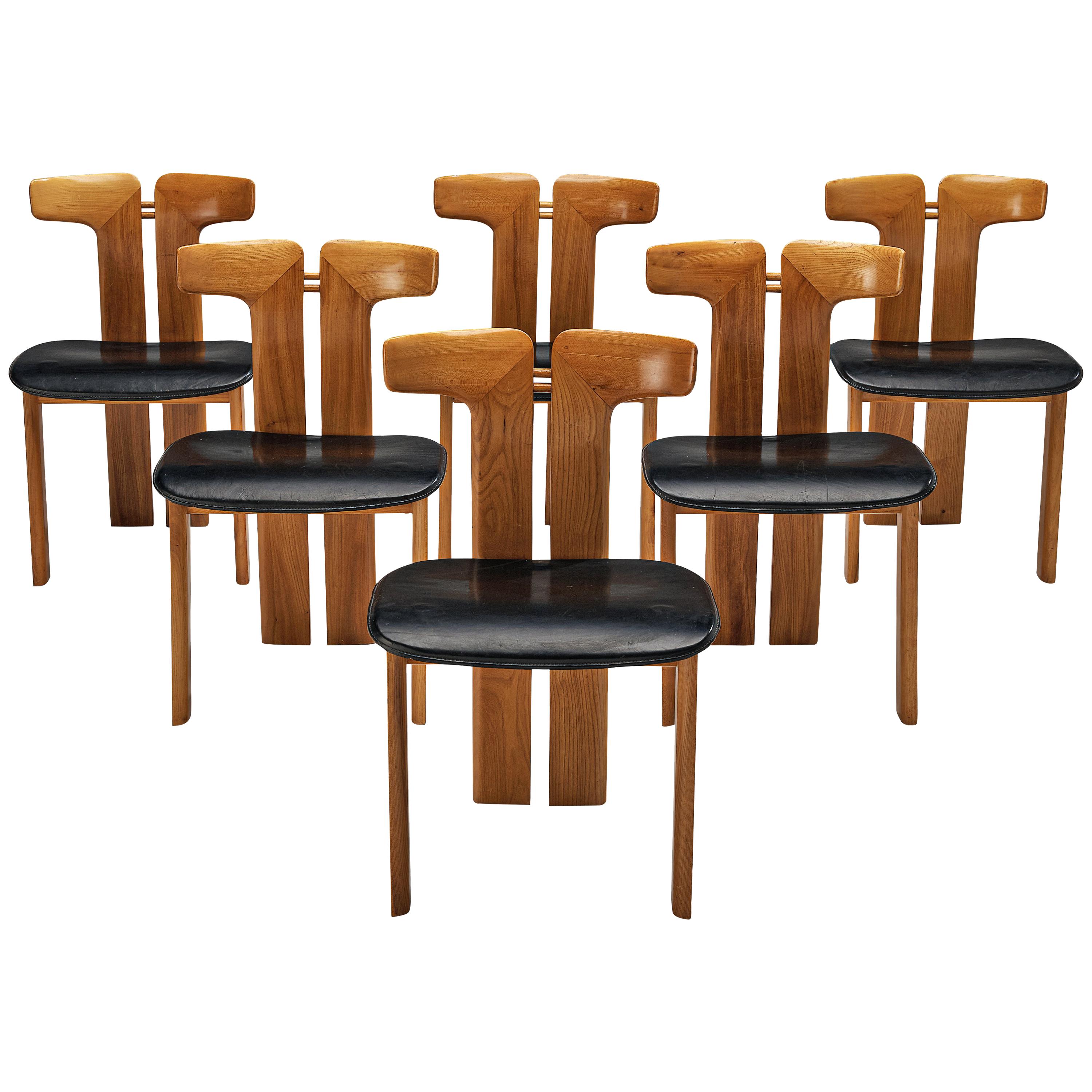 Pierre Cardin Set of Six Dining Chairs in Walnut and Black Leather