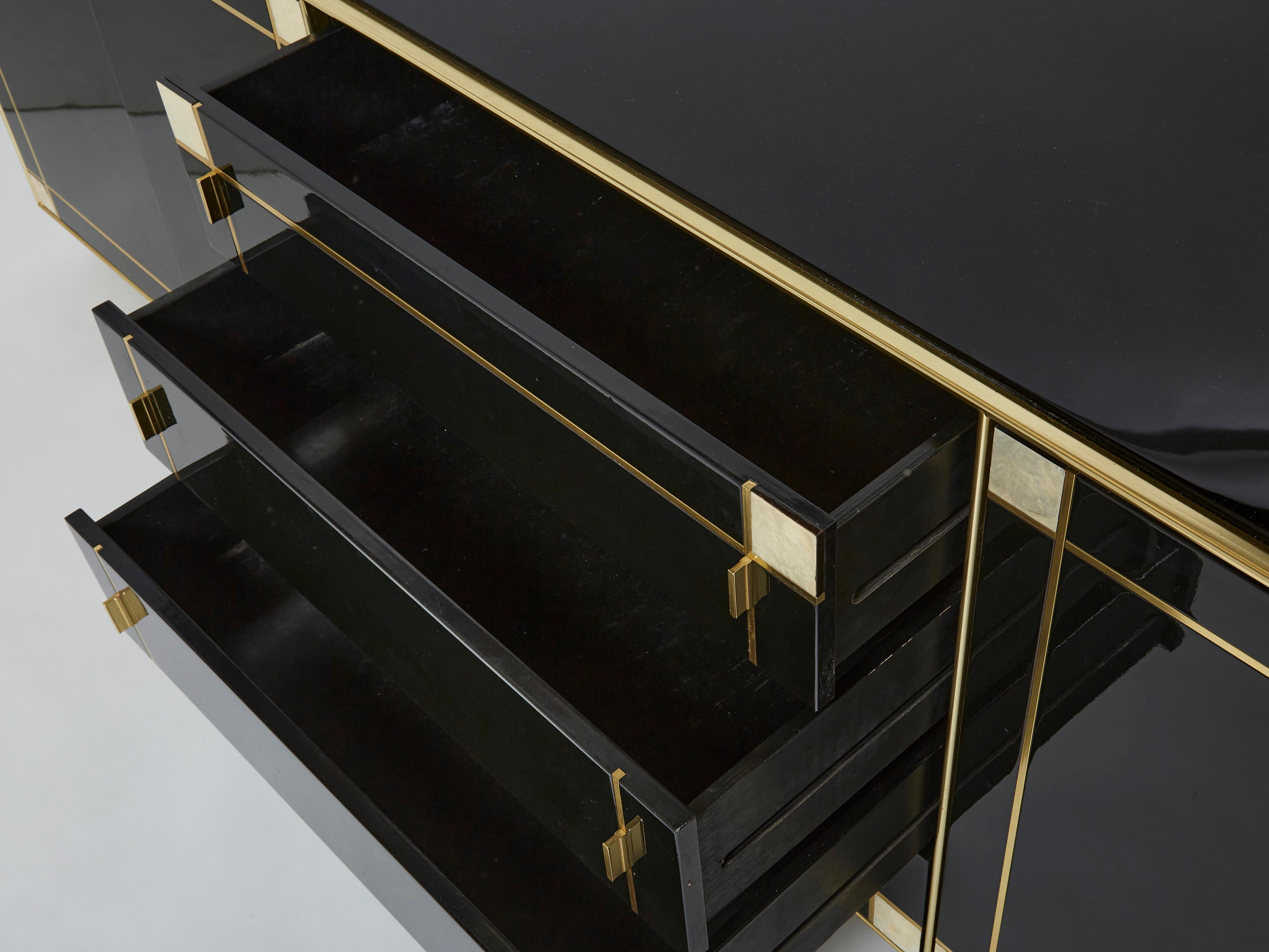 Pierre Cardin Sideboard Brass Black Lacquered Shell Inlays, 1980s For Sale 4