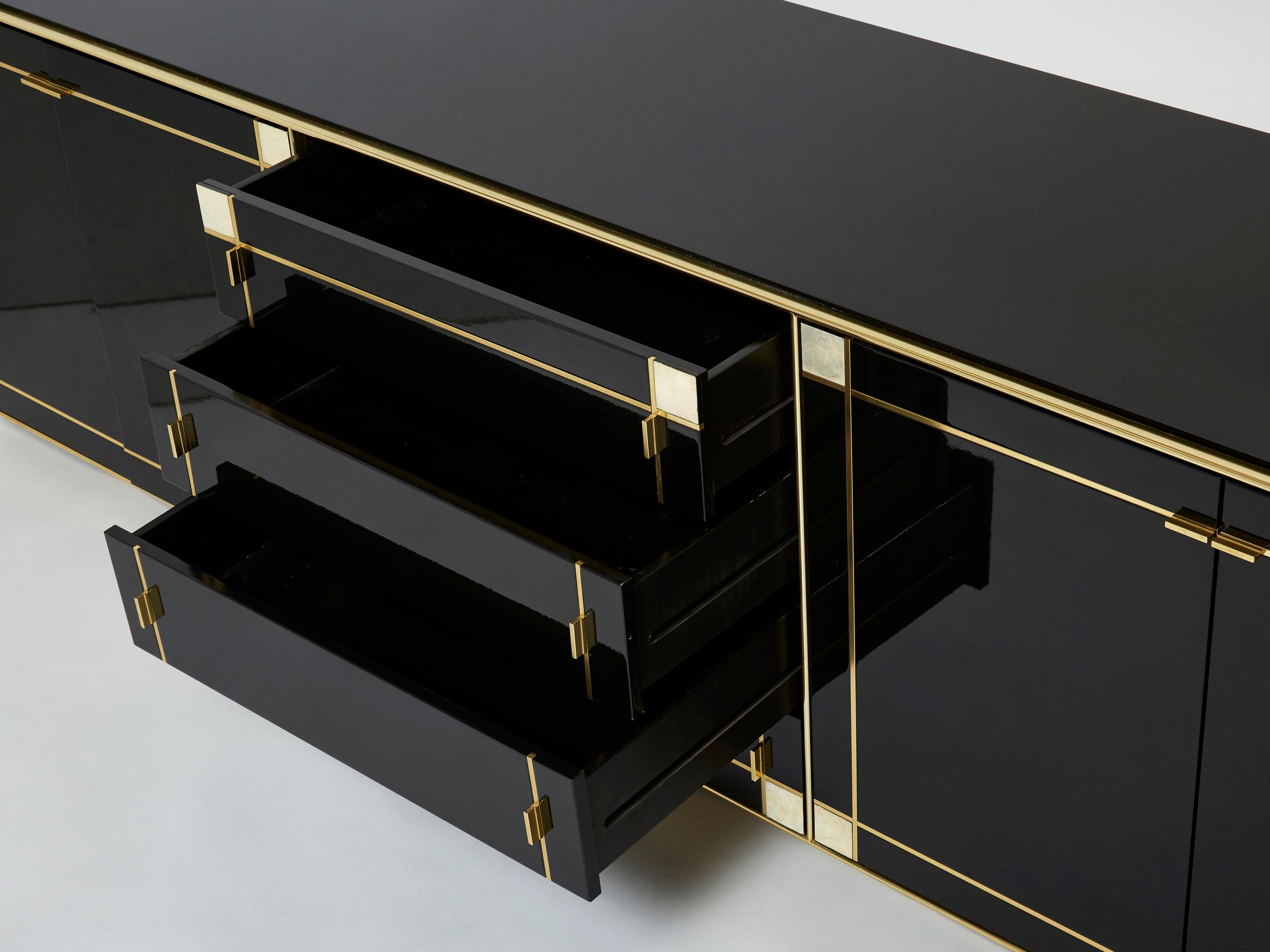 French Pierre Cardin Sideboard Brass Black Lacquered Shell Inlays, 1980s For Sale