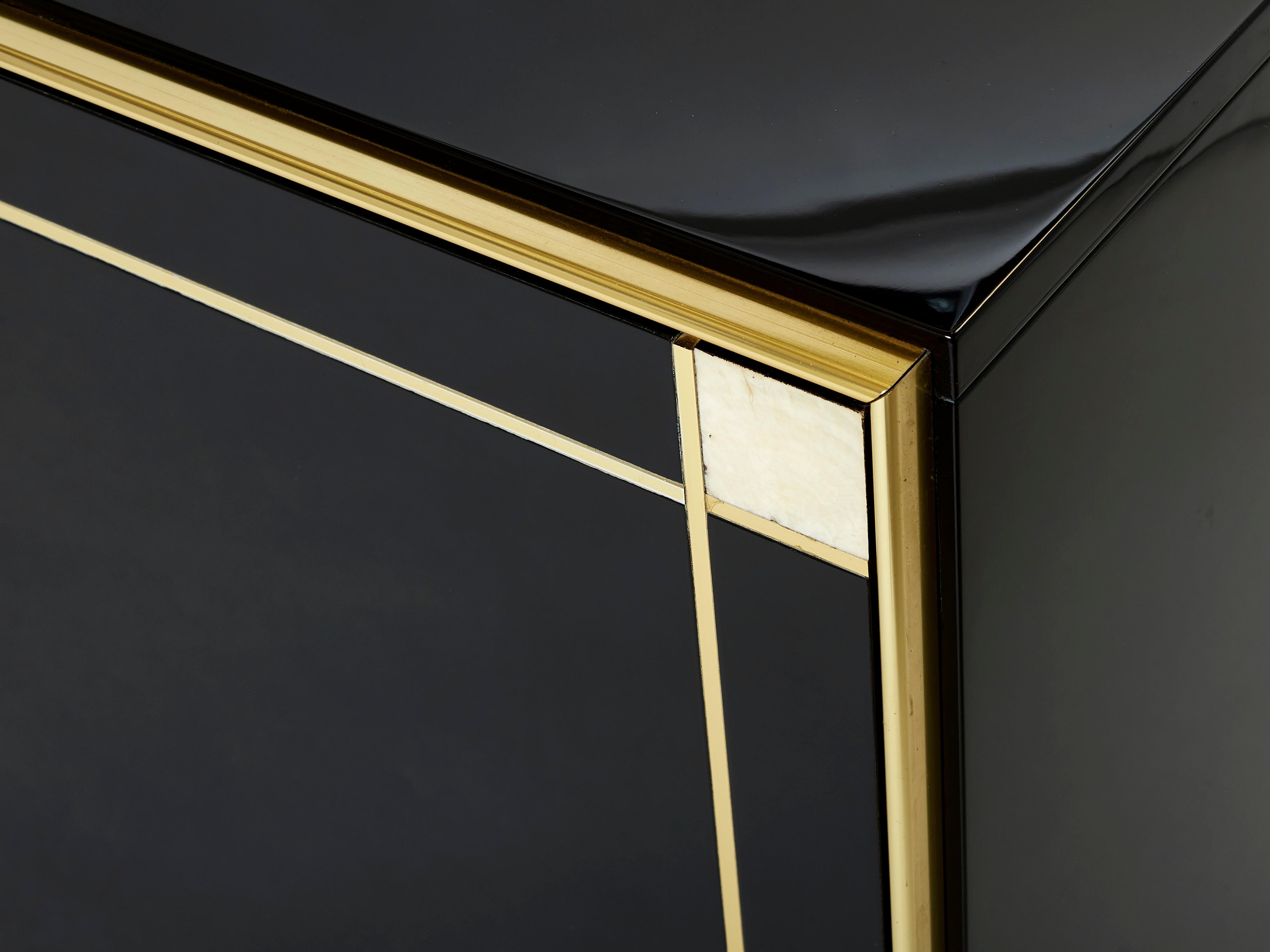 Pierre Cardin Sideboard Brass Black Lacquered Shell Inlays, 1980s In Good Condition For Sale In Paris, IDF