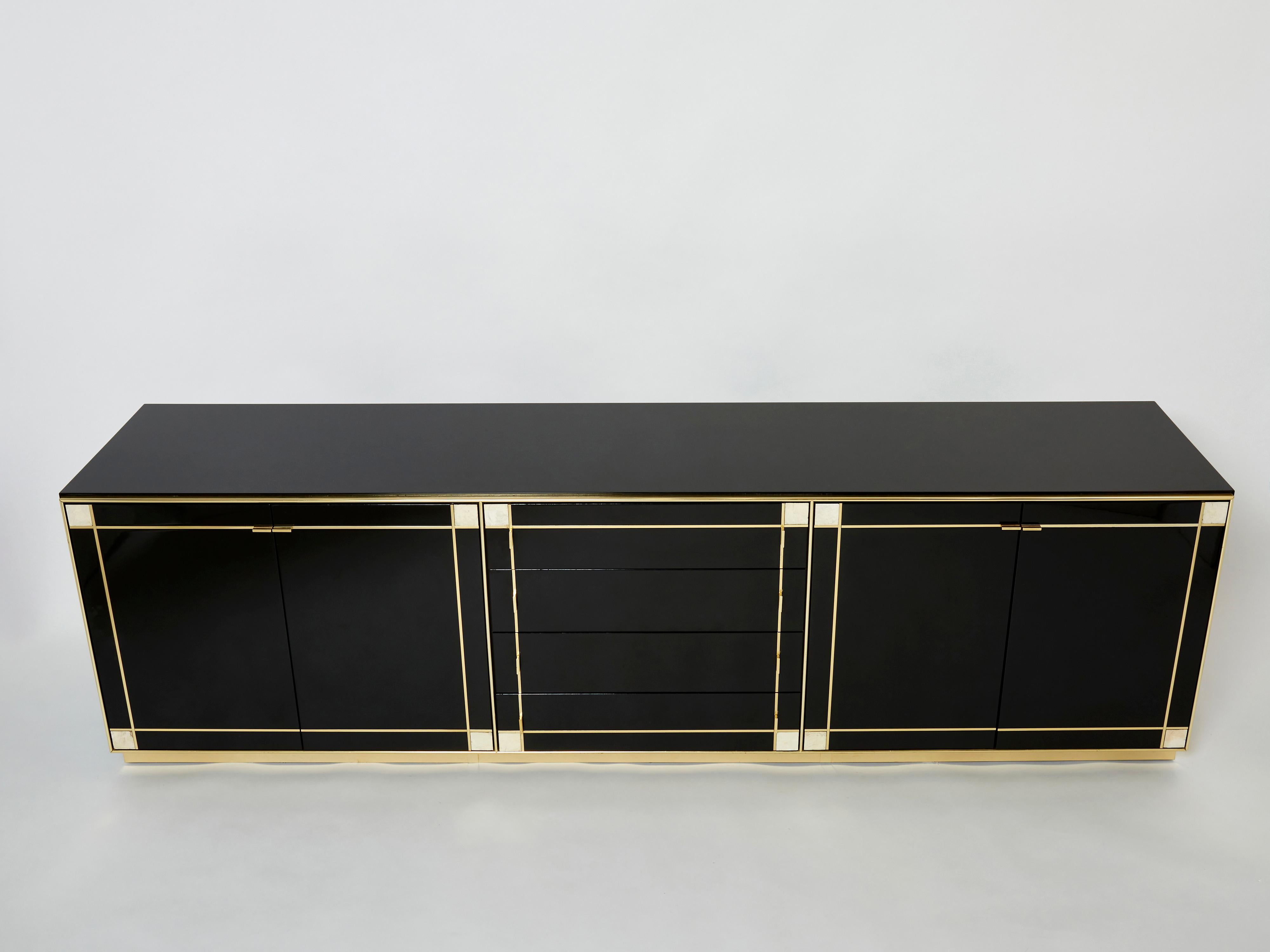 Late 20th Century Pierre Cardin Sideboard Brass Black Lacquered Shell Inlays, 1980s For Sale